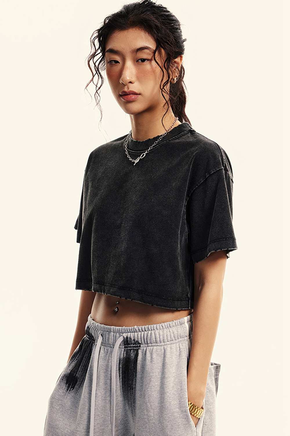 Women's Vintage Sorona Crop Top Tee - High Street Washed T-Shirt for Summer Fitness
