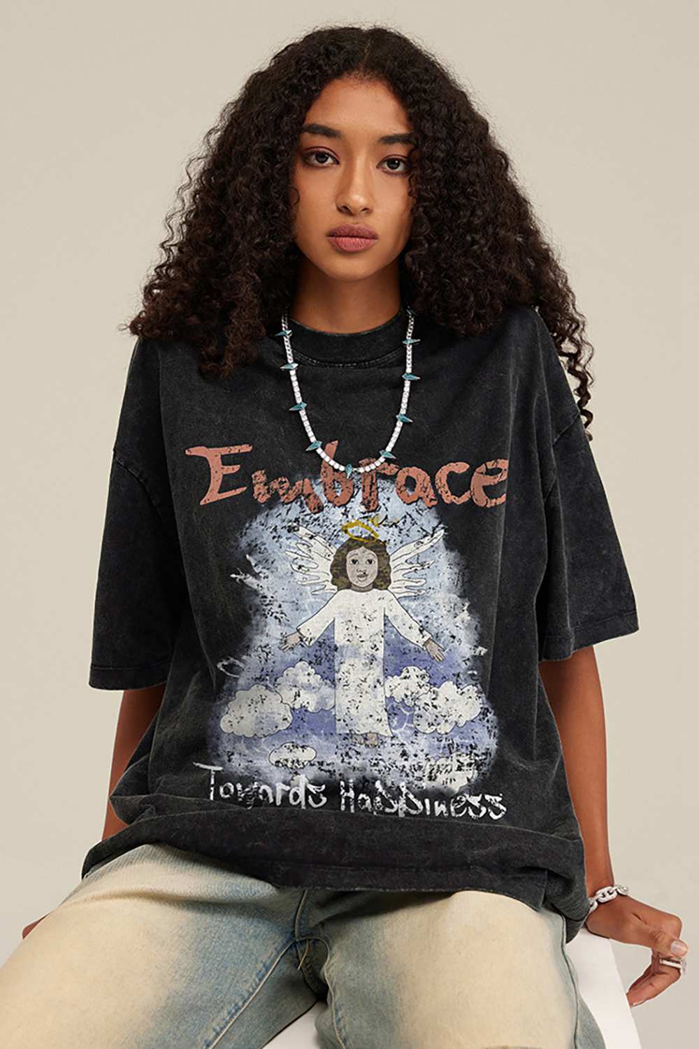 Vintage Angel Print Casual Tee _ Embrace Happiness