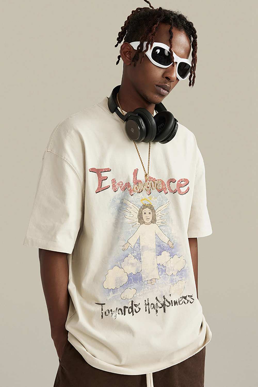 Vintage Angel Print Casual Tee _ Embrace Happiness