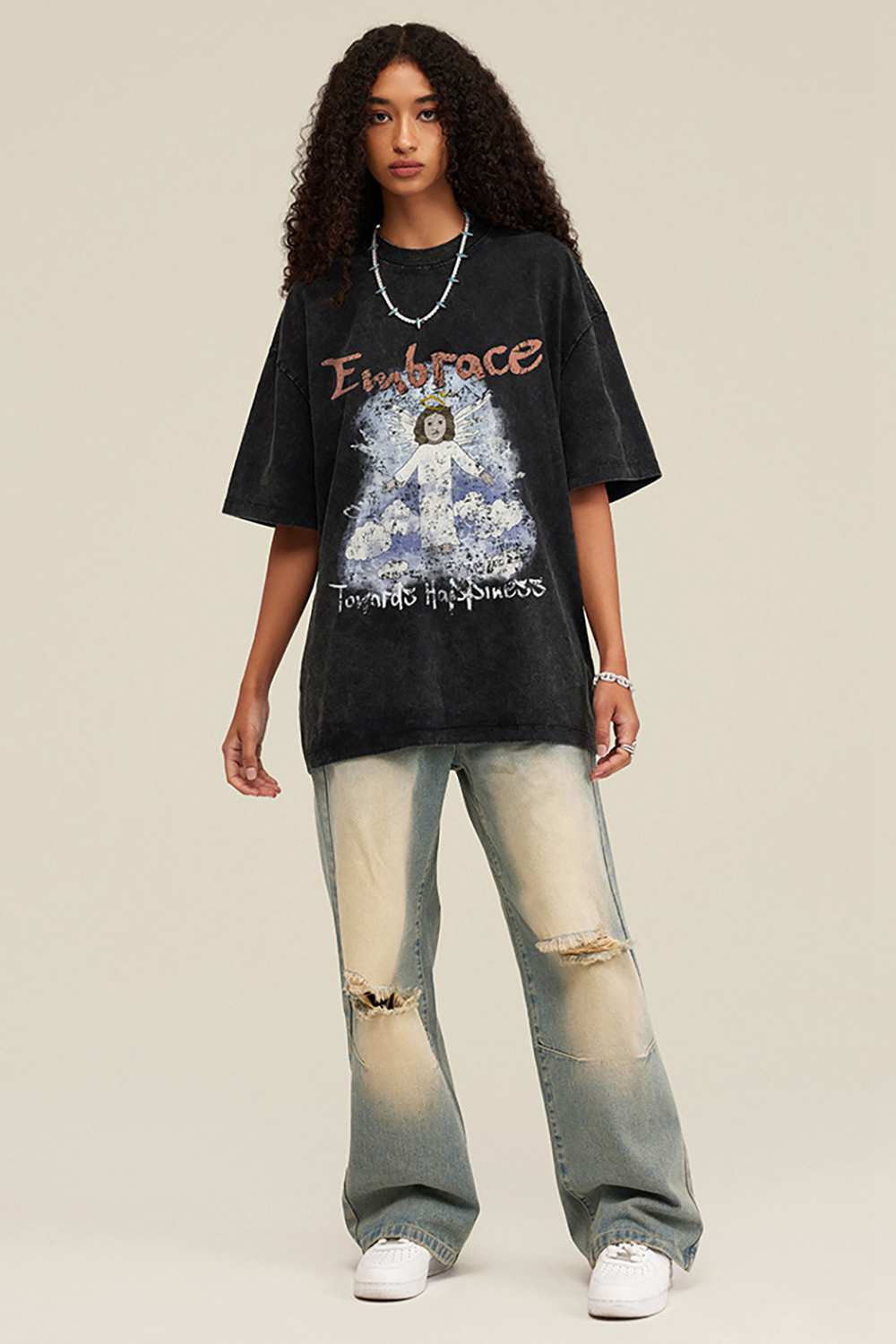 Vintage Angel Print Casual Tee _ Embrace Happiness