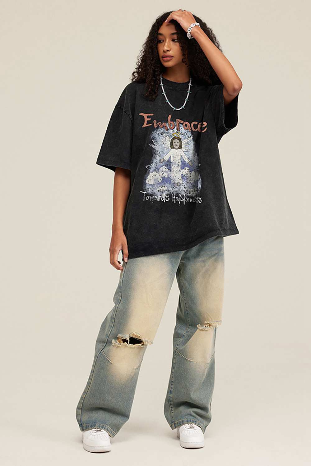 Vintage Angel Print Casual Tee _ Embrace Happiness