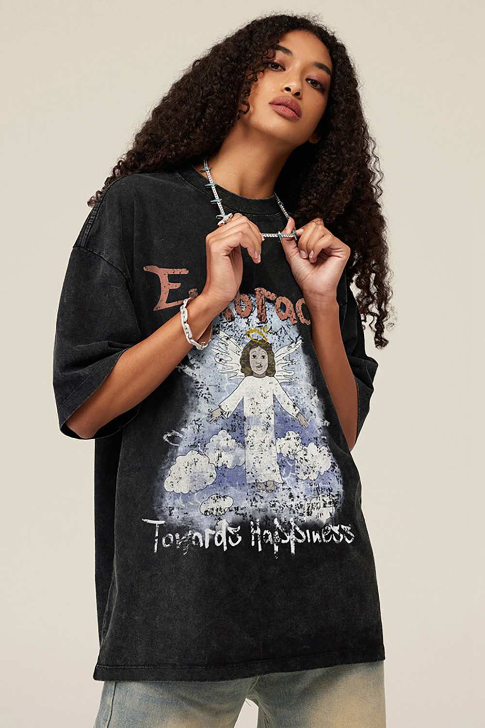 Vintage Angel Print Casual Tee _ Embrace Happiness