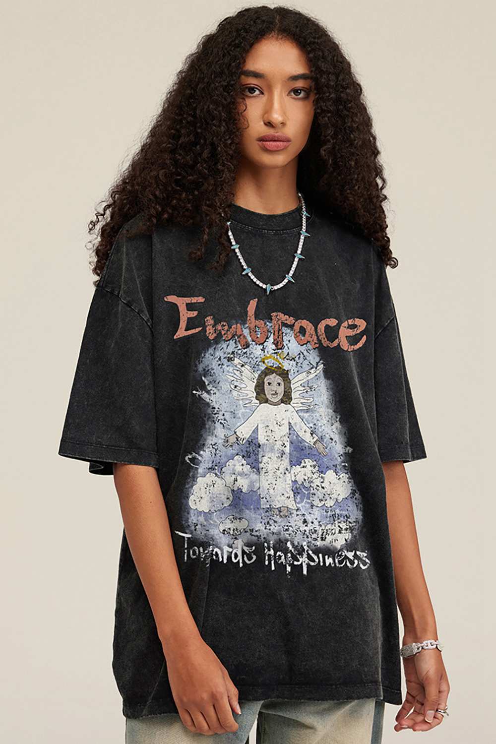 Vintage Angel Print Casual Tee _ Embrace Happiness