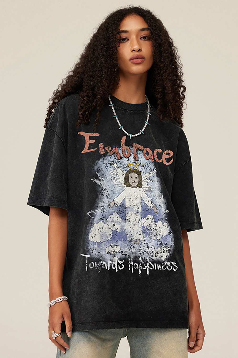 Vintage Angel Print Casual Tee _ Embrace Happiness