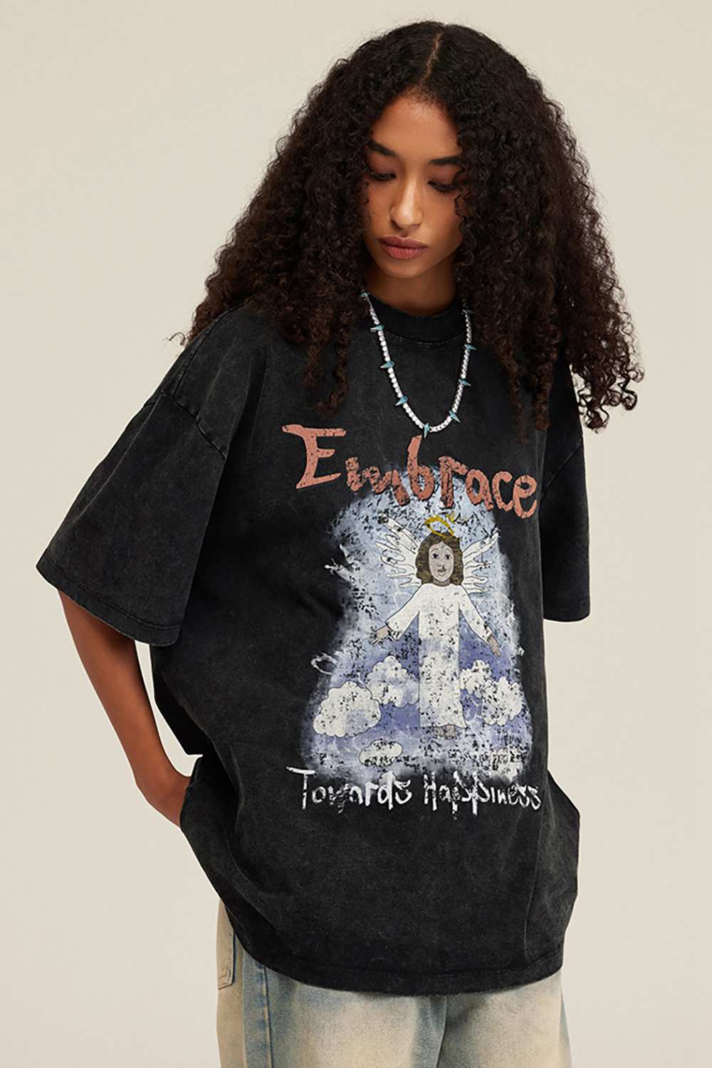 Vintage Angel Print Casual Tee _ Embrace Happiness