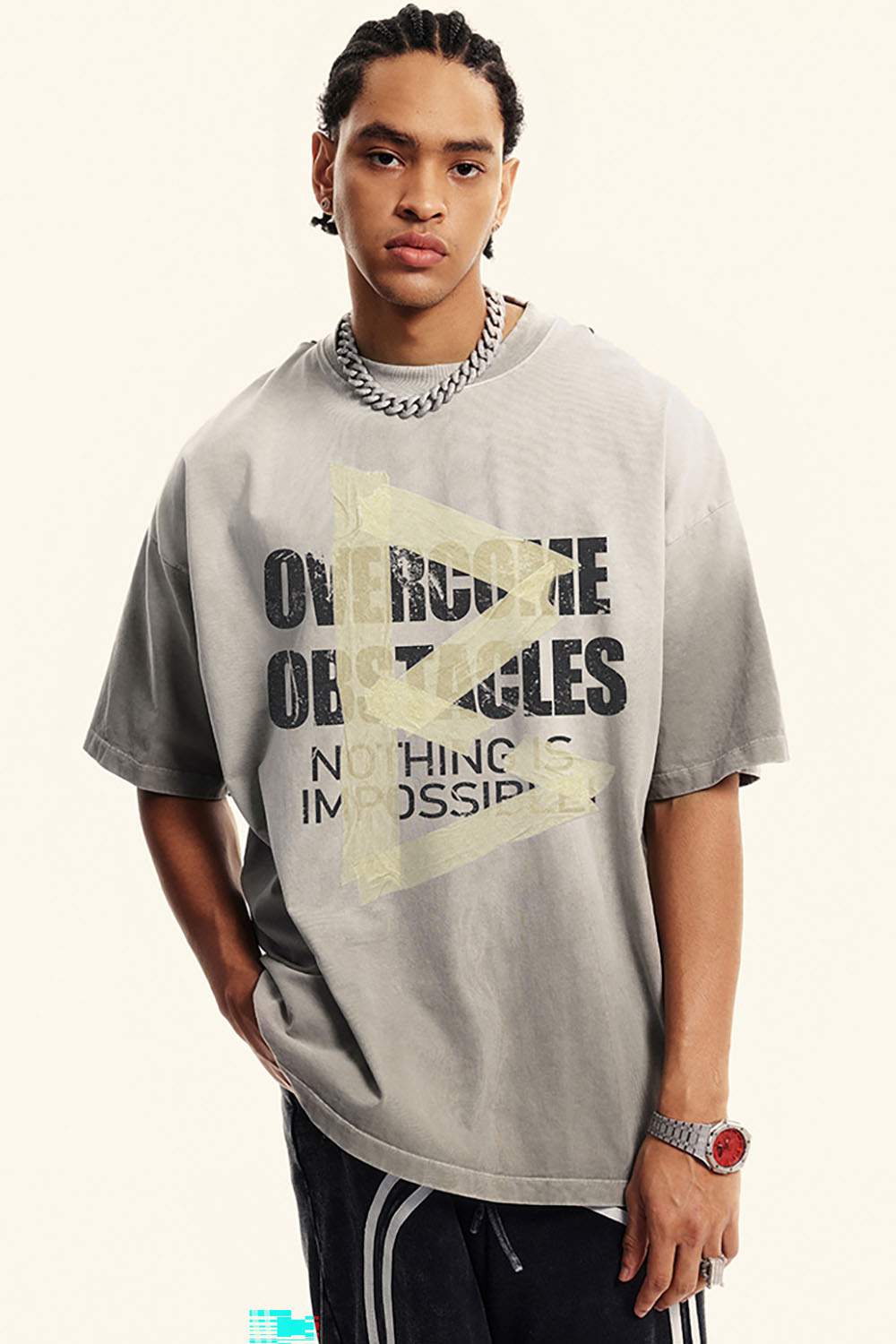 Men's Washed Cotton T-Shirt - Overcome Obstacles Graphic - Casual and Trendy