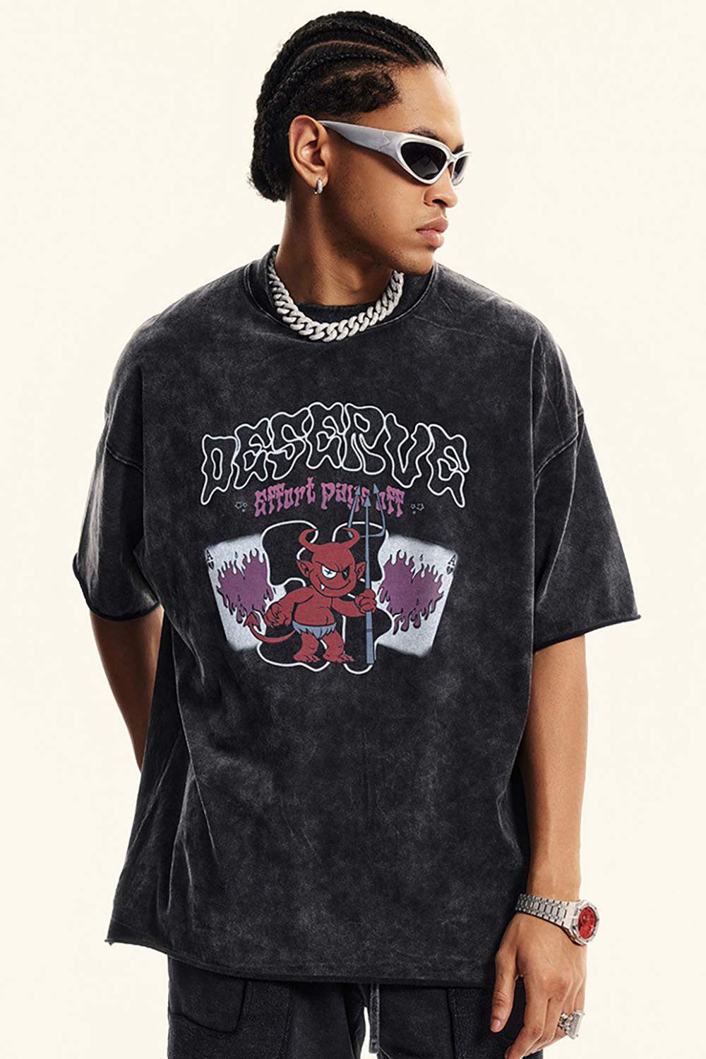 Street Style Washed Cotton Graphic Print Short Sleeve T-Shirt