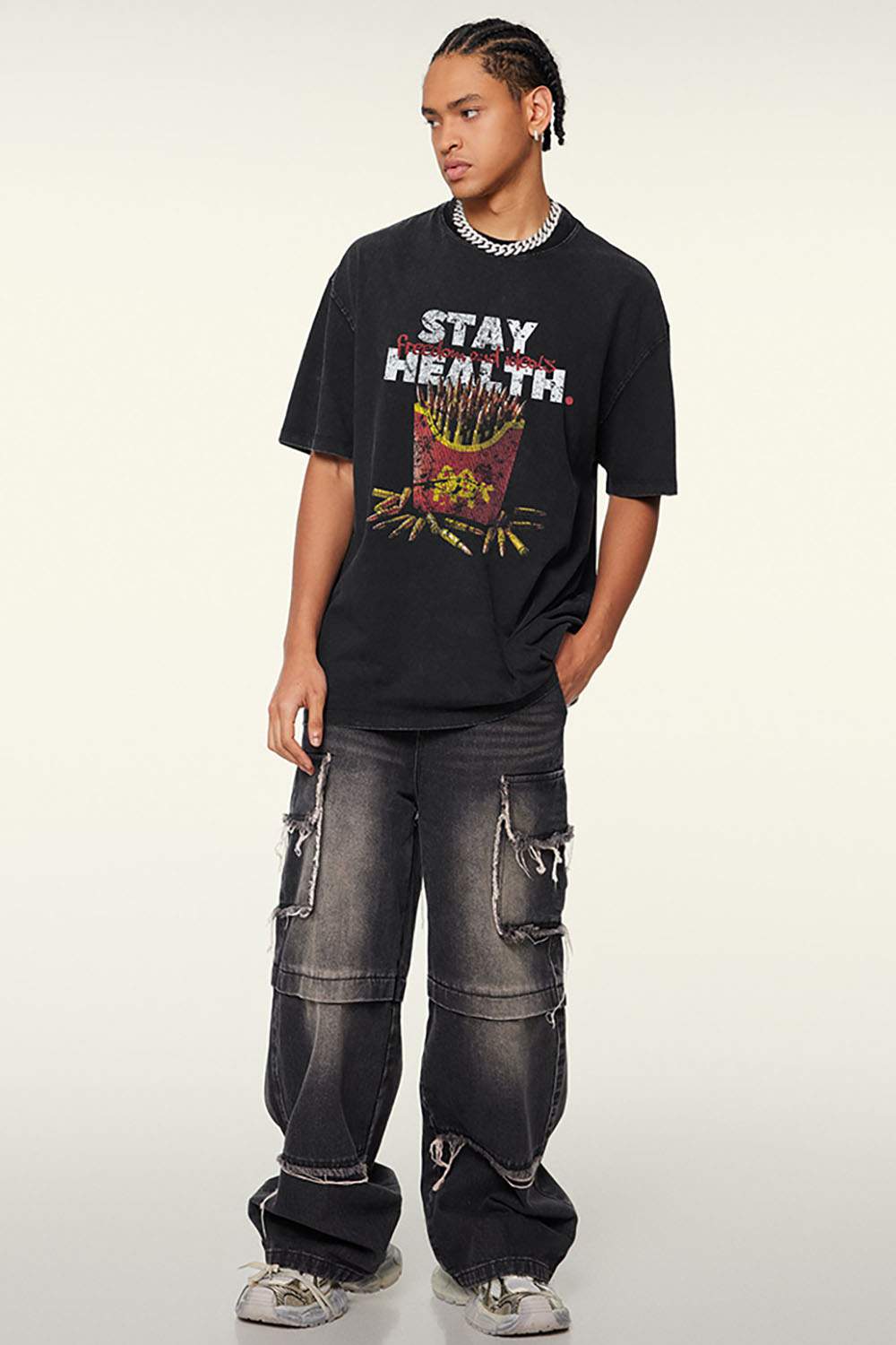 Loose Fit French Fries Parody Graphic Cotton Short Sleeve T-Shirt