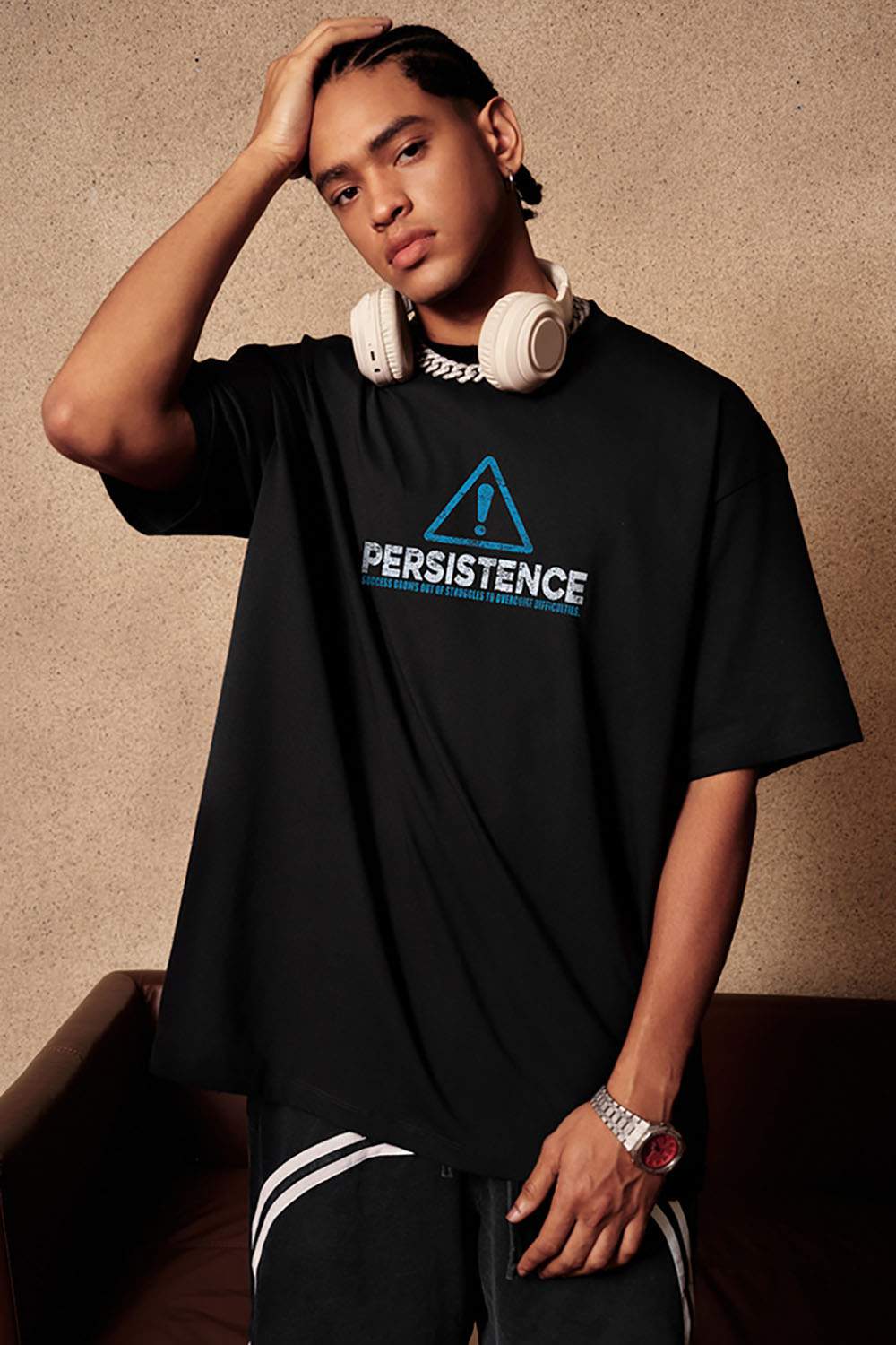 Oversized Small Collar Print Washed T-Shirt