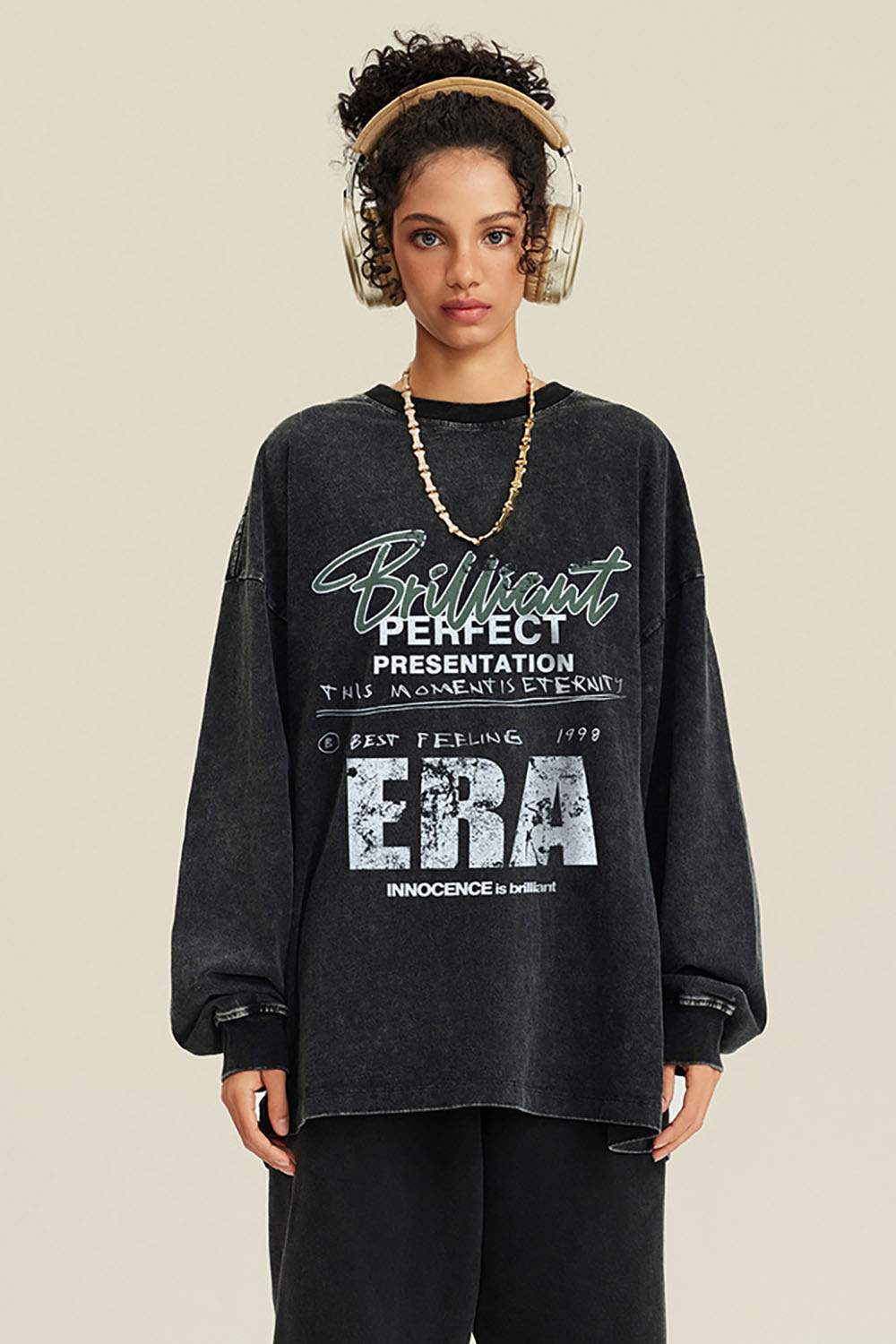 Loose Washed Small Neck Letter Long Sleeve T-Shirt