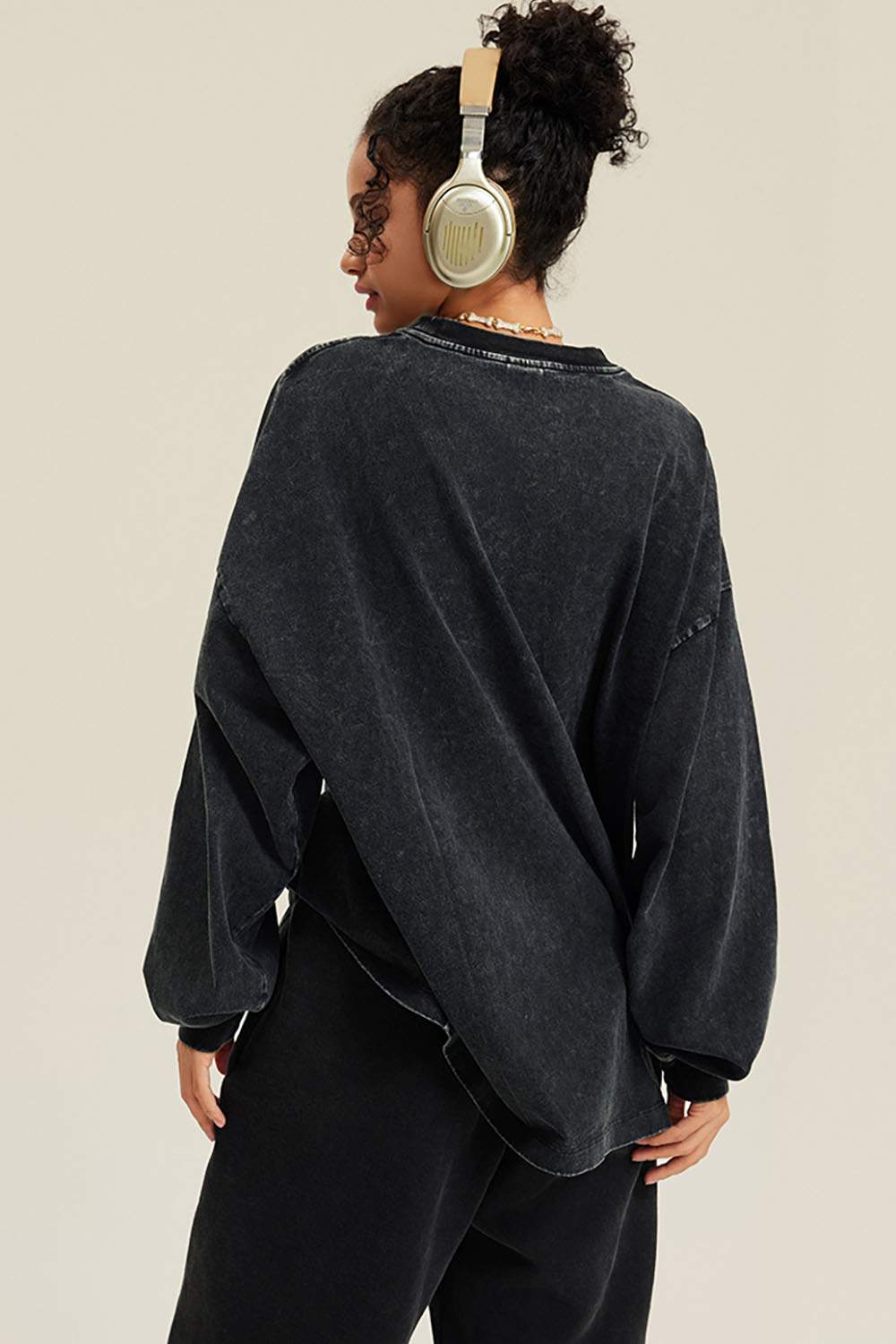 Loose Washed Small Neck Letter Long Sleeve T-Shirt