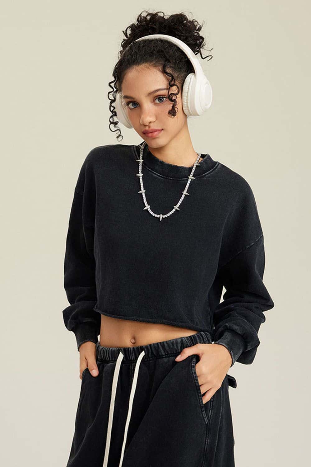 380G Water Washed Loose Edge Short Cropped Long Sleeve Vintage Streetwear Top
