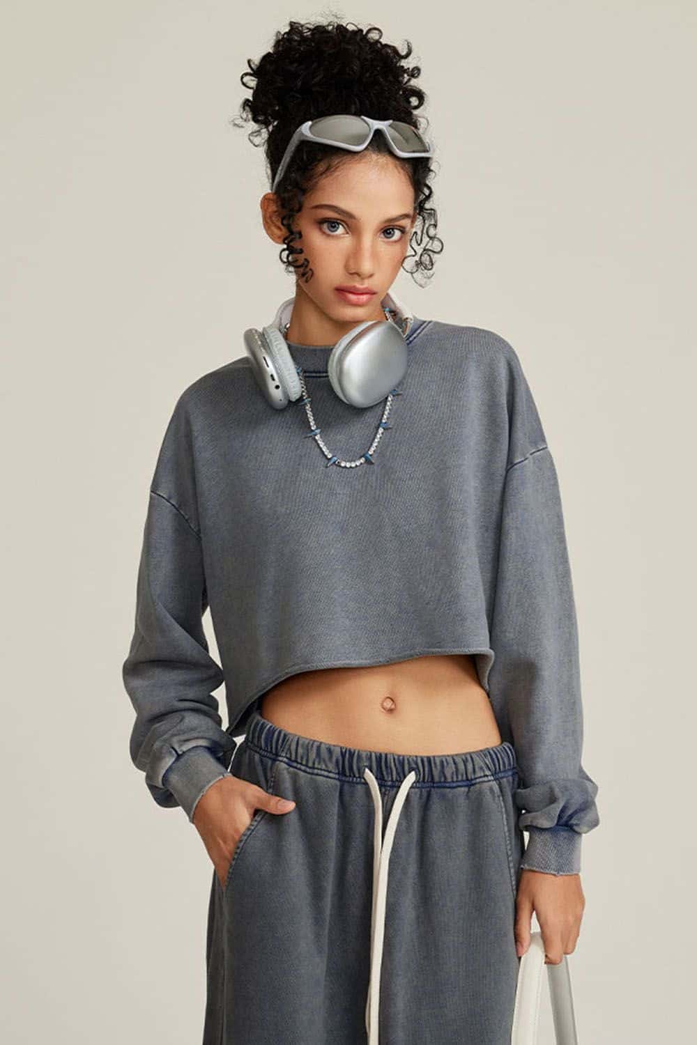 380G Water Washed Loose Edge Short Cropped Long Sleeve Vintage Streetwear Top
