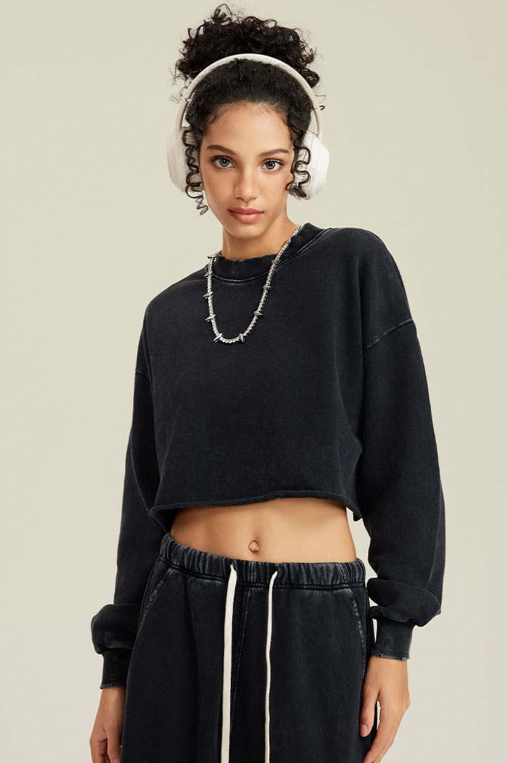 380G Water Washed Loose Edge Short Cropped Long Sleeve Vintage Streetwear Top
