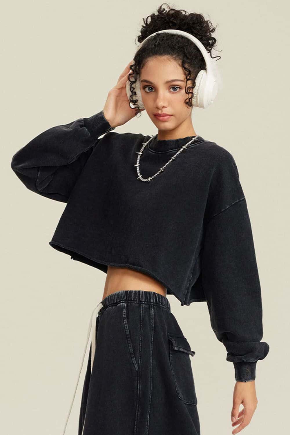 380G Water Washed Loose Edge Short Cropped Long Sleeve Vintage Streetwear Top