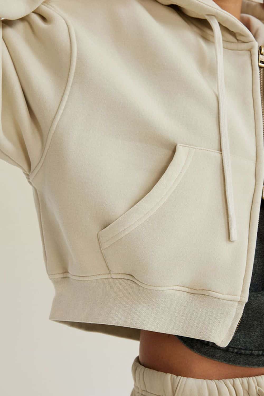 Vintage Washed Zip-Up Hoodie with Fleece Lining - Short Cropped Cardigan