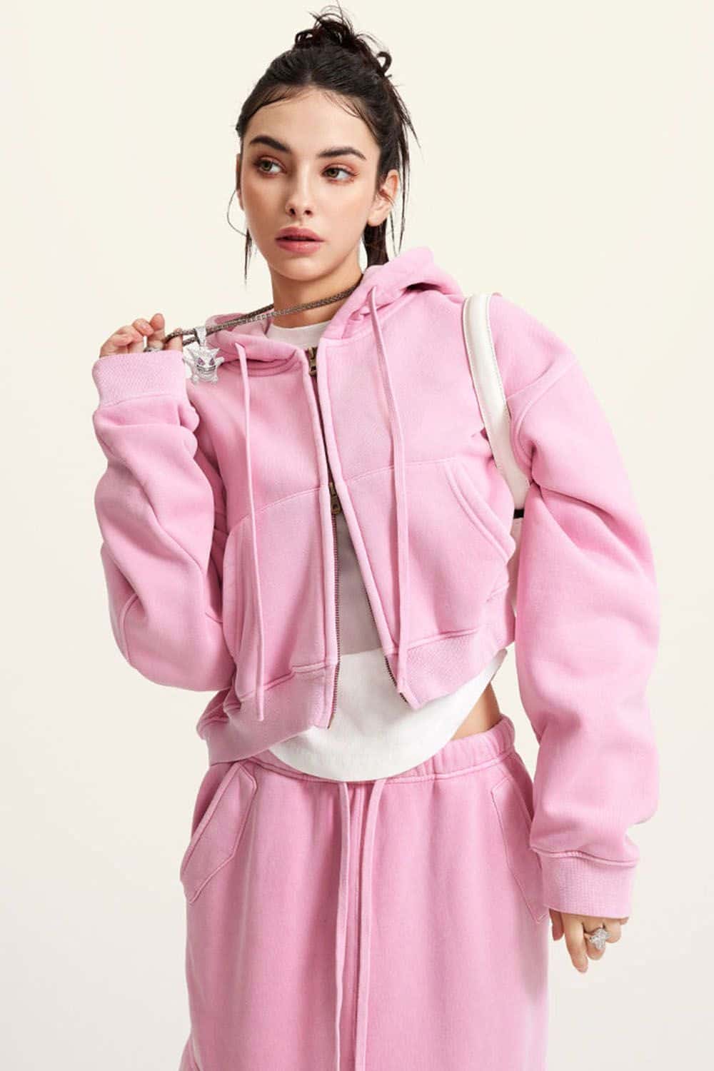 Vintage Washed Zip-Up Hoodie with Fleece Lining - Short Cropped Cardigan