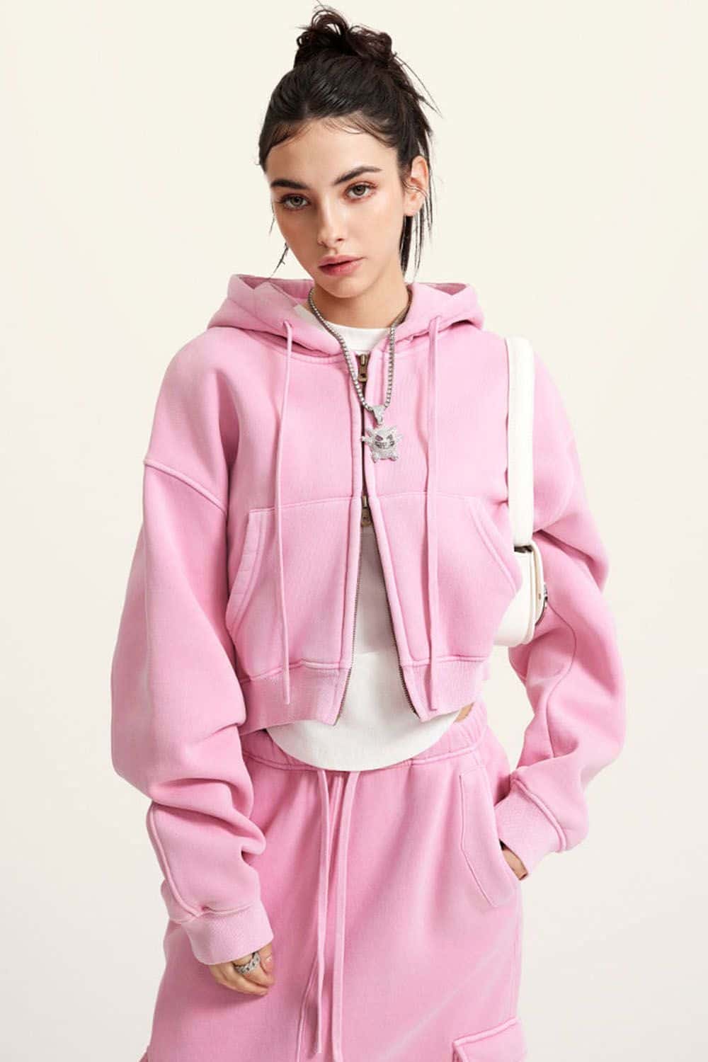 Vintage Washed Zip-Up Hoodie with Fleece Lining - Short Cropped Cardigan