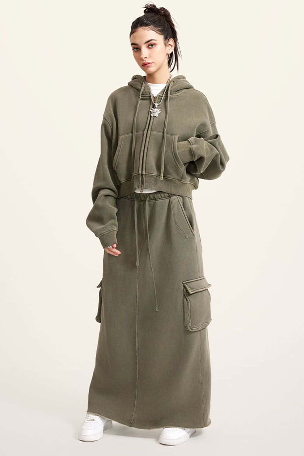 Vintage Washed Zip-Up Hoodie with Fleece Lining - Short Cropped Cardigan