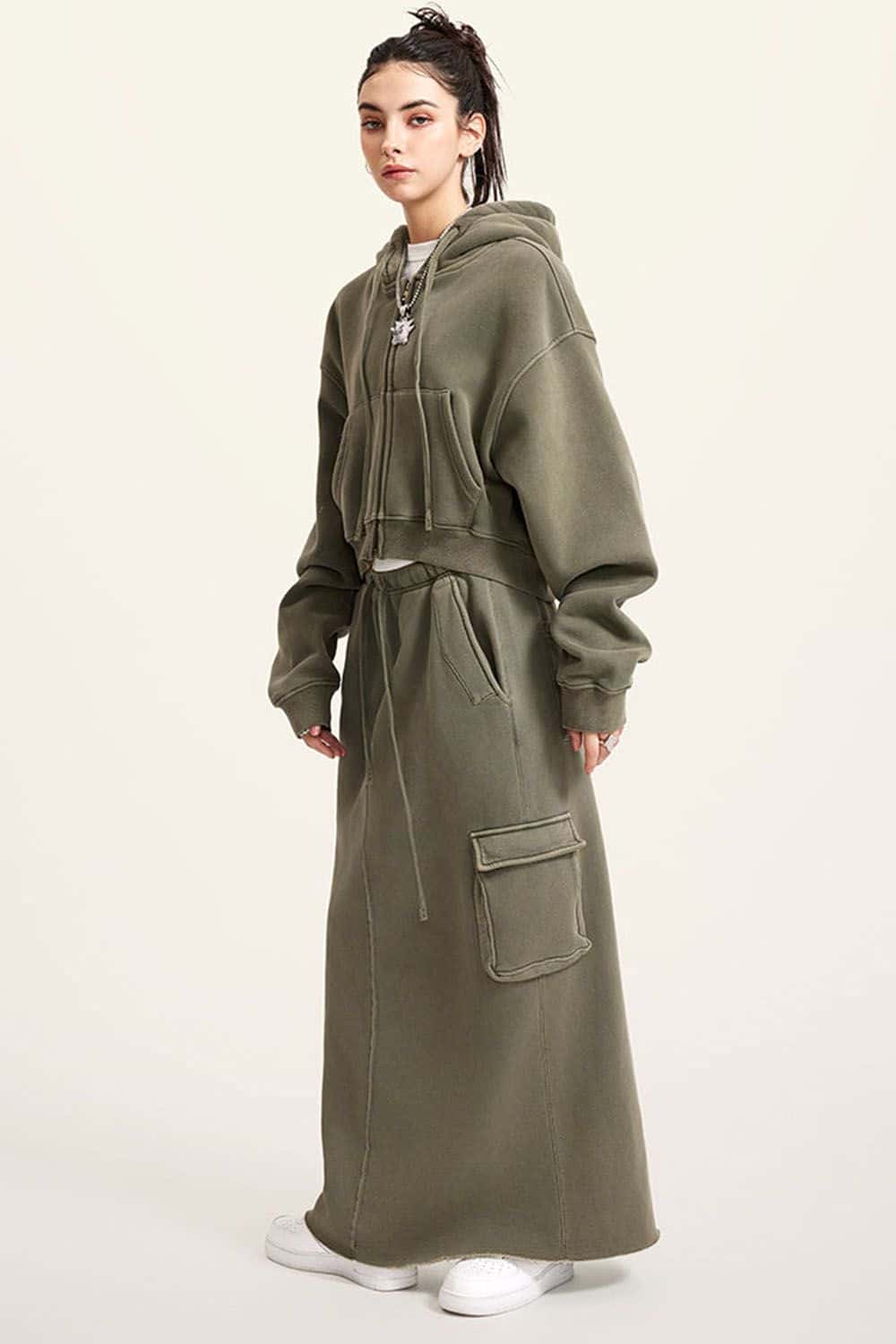 Vintage Washed Zip-Up Hoodie with Fleece Lining - Short Cropped Cardigan