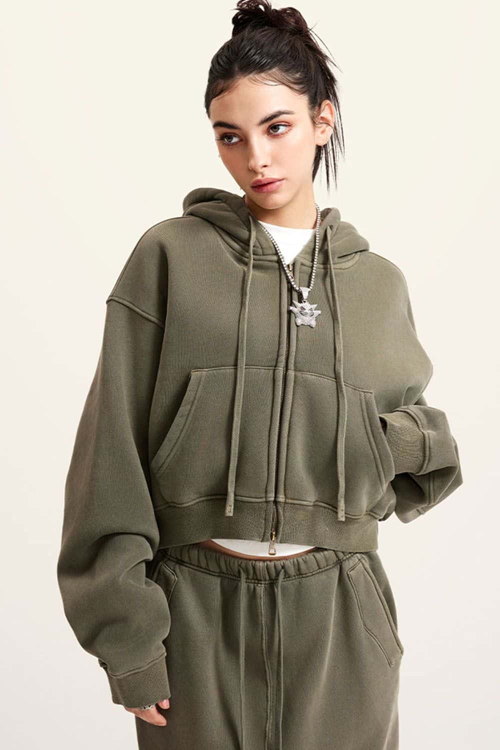 Vintage Washed Zip-Up Hoodie with Fleece Lining - Short Cropped Cardigan