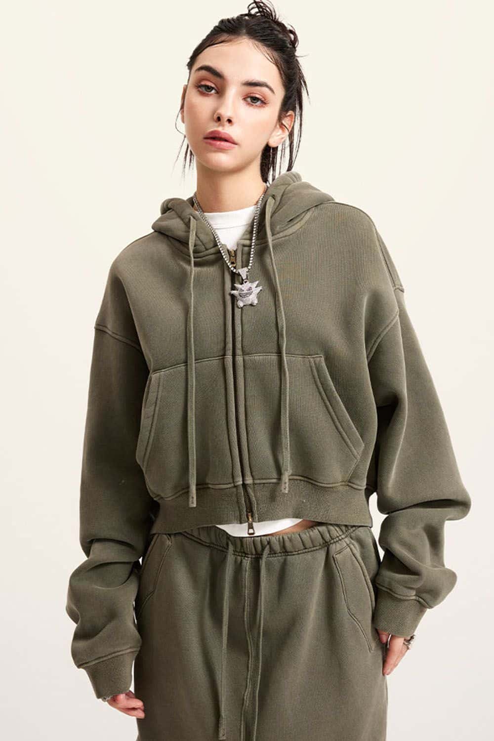 Vintage Washed Zip-Up Hoodie with Fleece Lining - Short Cropped Cardigan