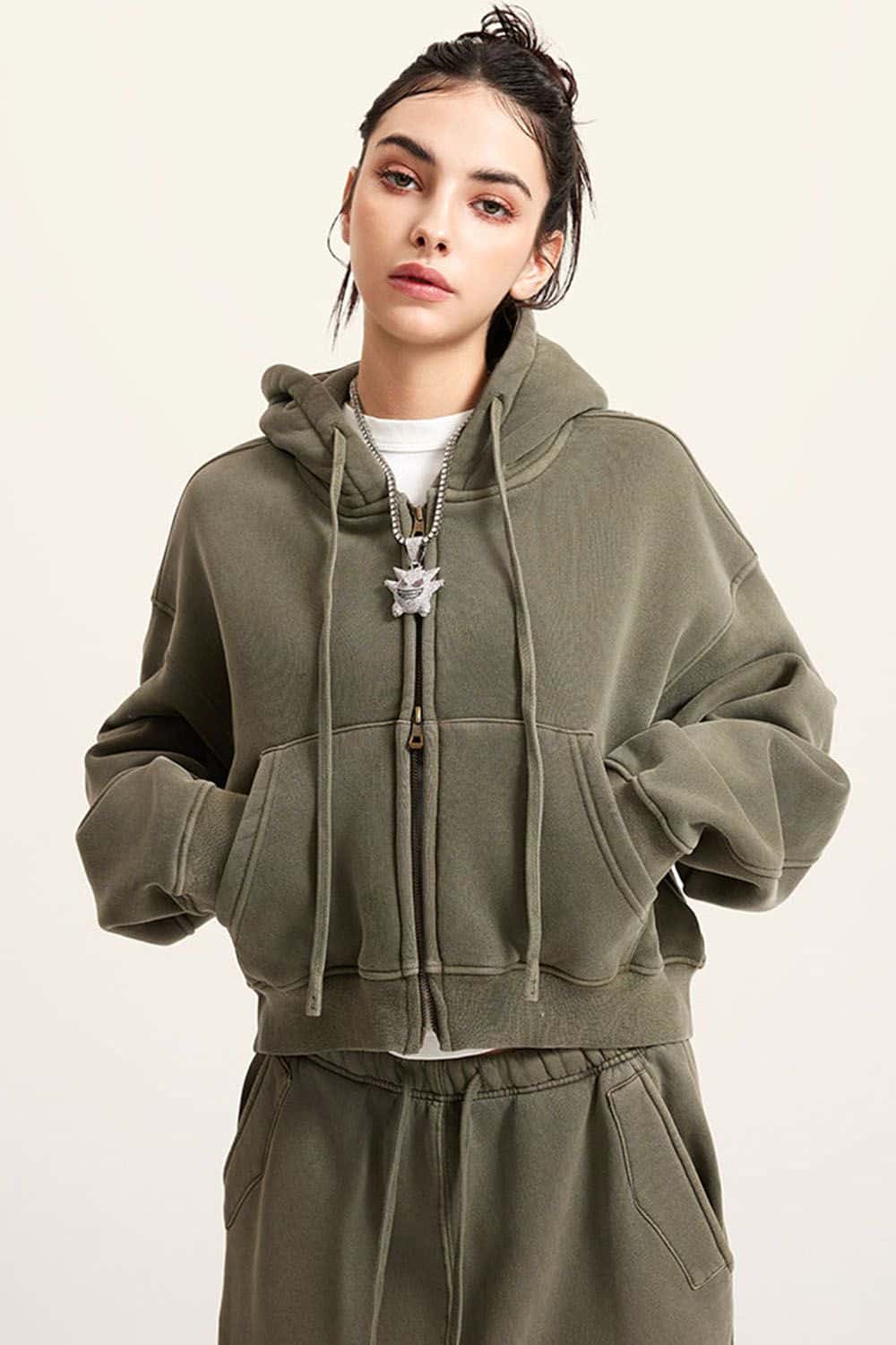 Vintage Washed Zip-Up Hoodie with Fleece Lining - Short Cropped Cardigan