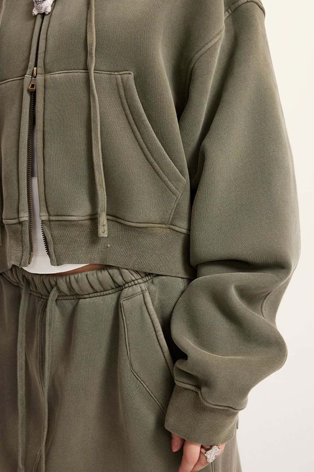 Vintage Washed Zip-Up Hoodie with Fleece Lining - Short Cropped Cardigan