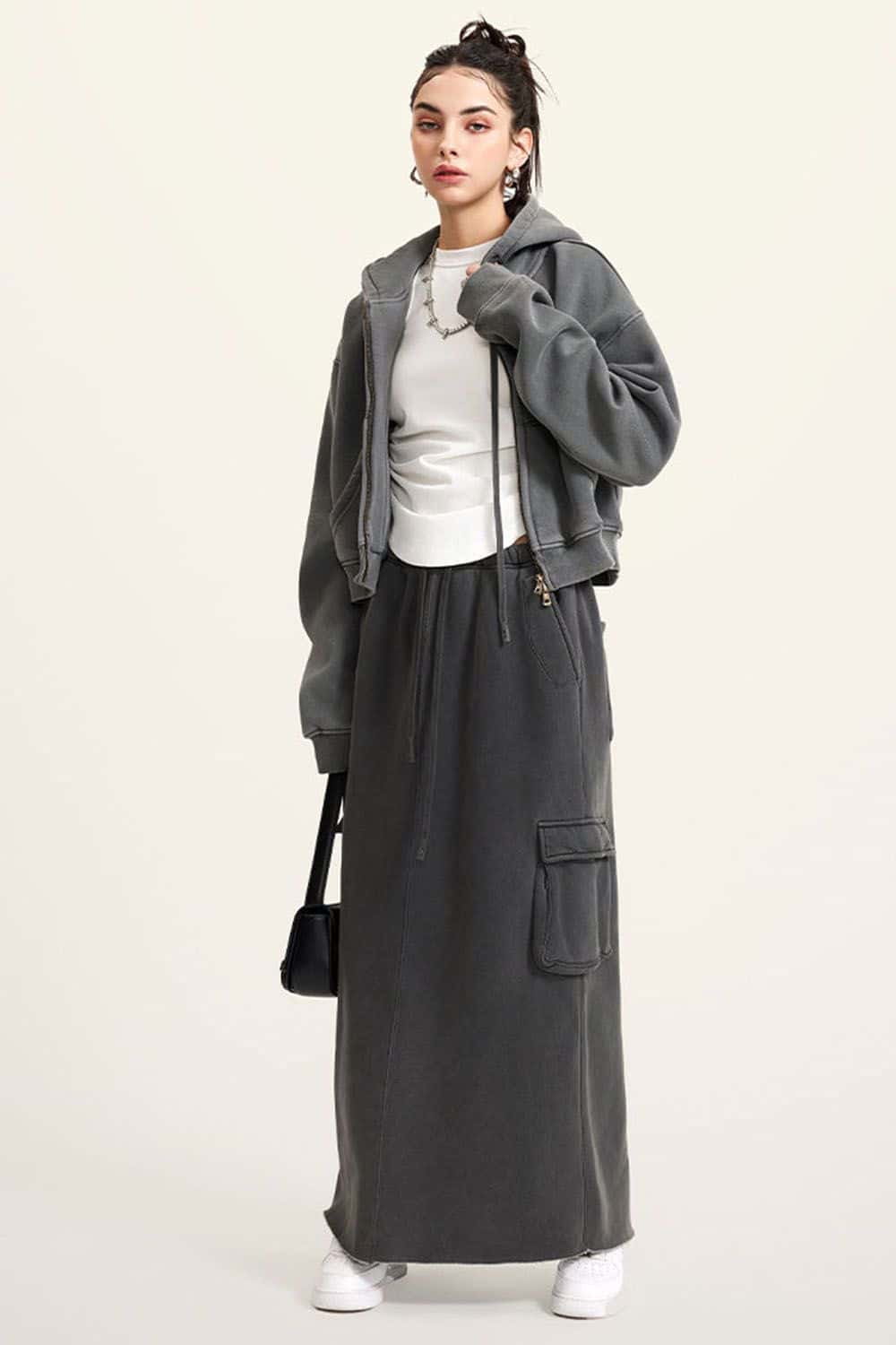 Vintage Washed Zip-Up Hoodie with Fleece Lining - Short Cropped Cardigan