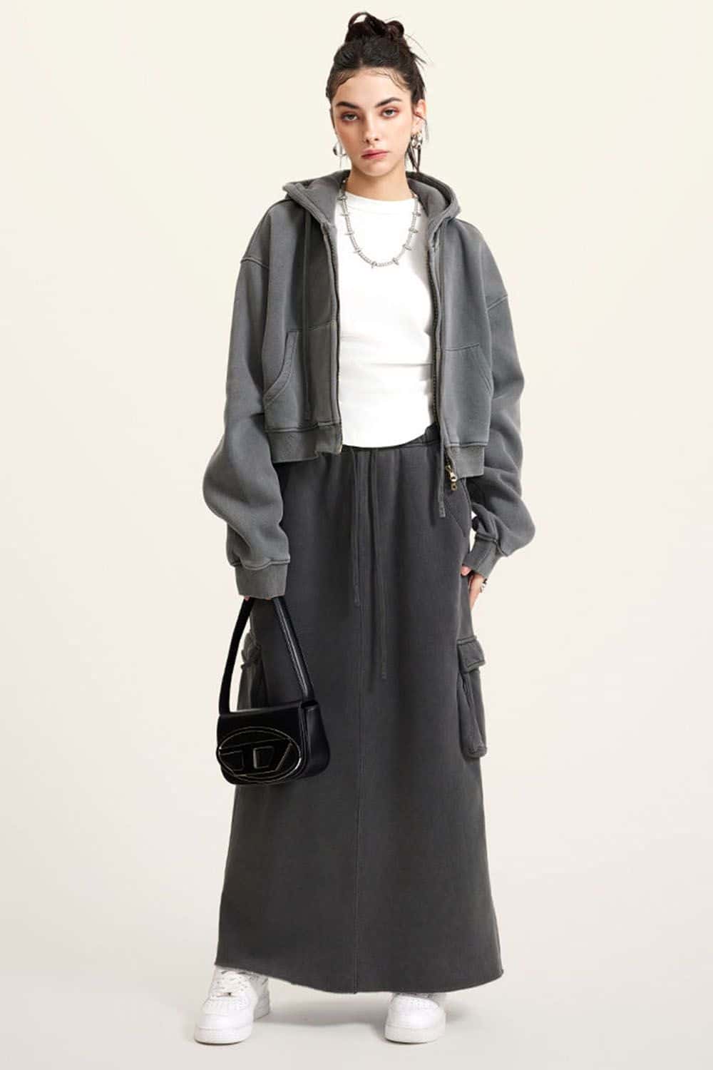 Vintage Washed Zip-Up Hoodie with Fleece Lining - Short Cropped Cardigan