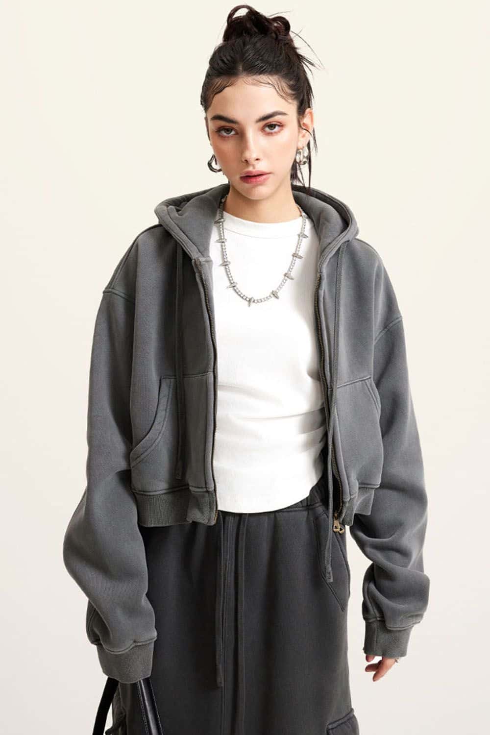 Vintage Washed Zip-Up Hoodie with Fleece Lining - Short Cropped Cardigan