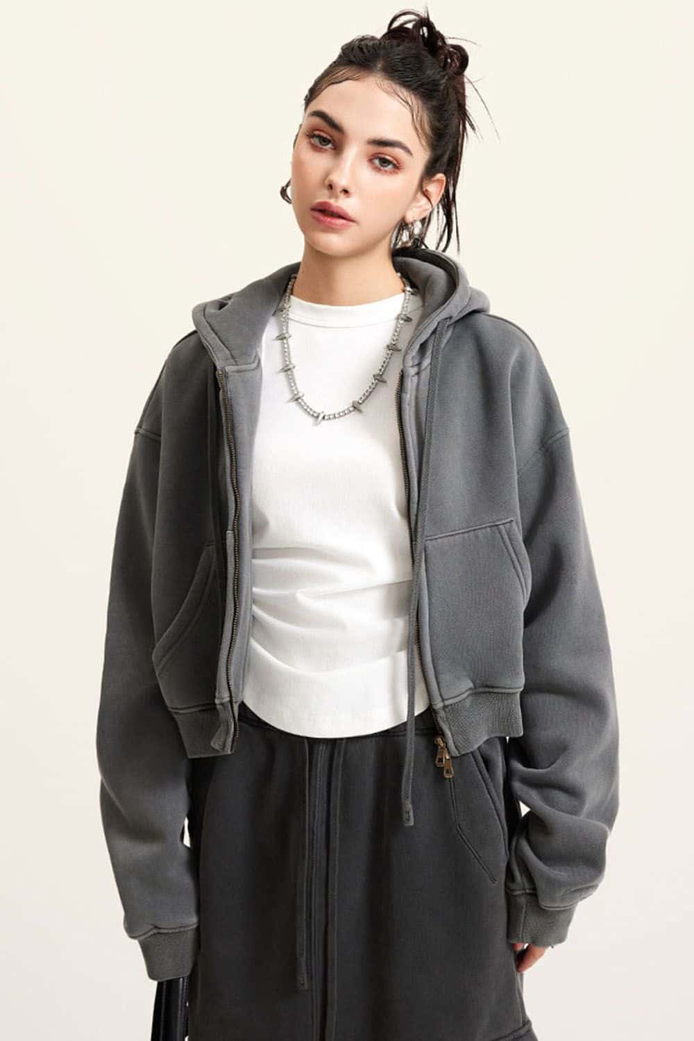 Vintage Washed Zip-Up Hoodie with Fleece Lining - Short Cropped Cardigan