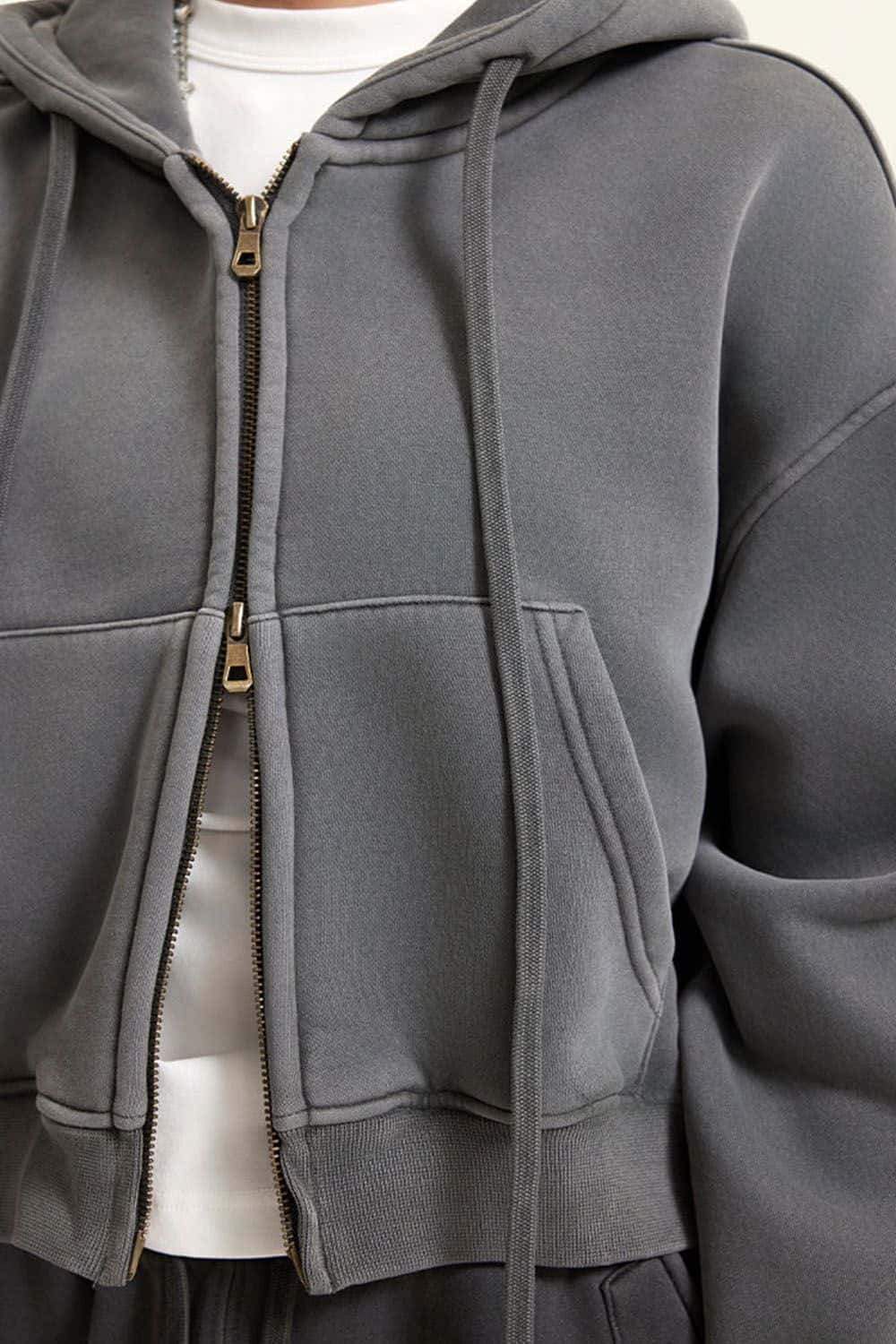 Vintage Washed Zip-Up Hoodie with Fleece Lining - Short Cropped Cardigan