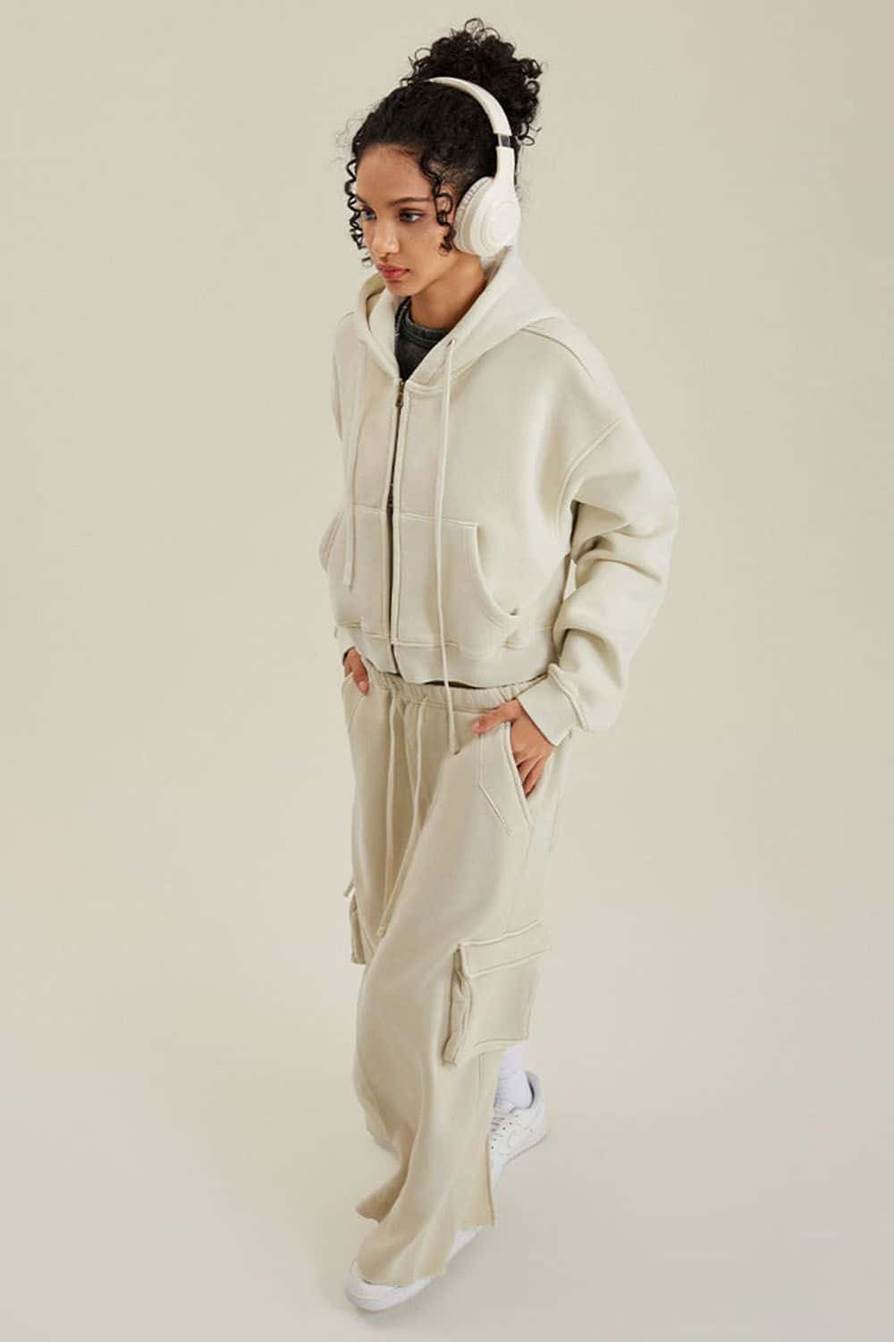 Vintage Washed Zip-Up Hoodie with Fleece Lining - Short Cropped Cardigan