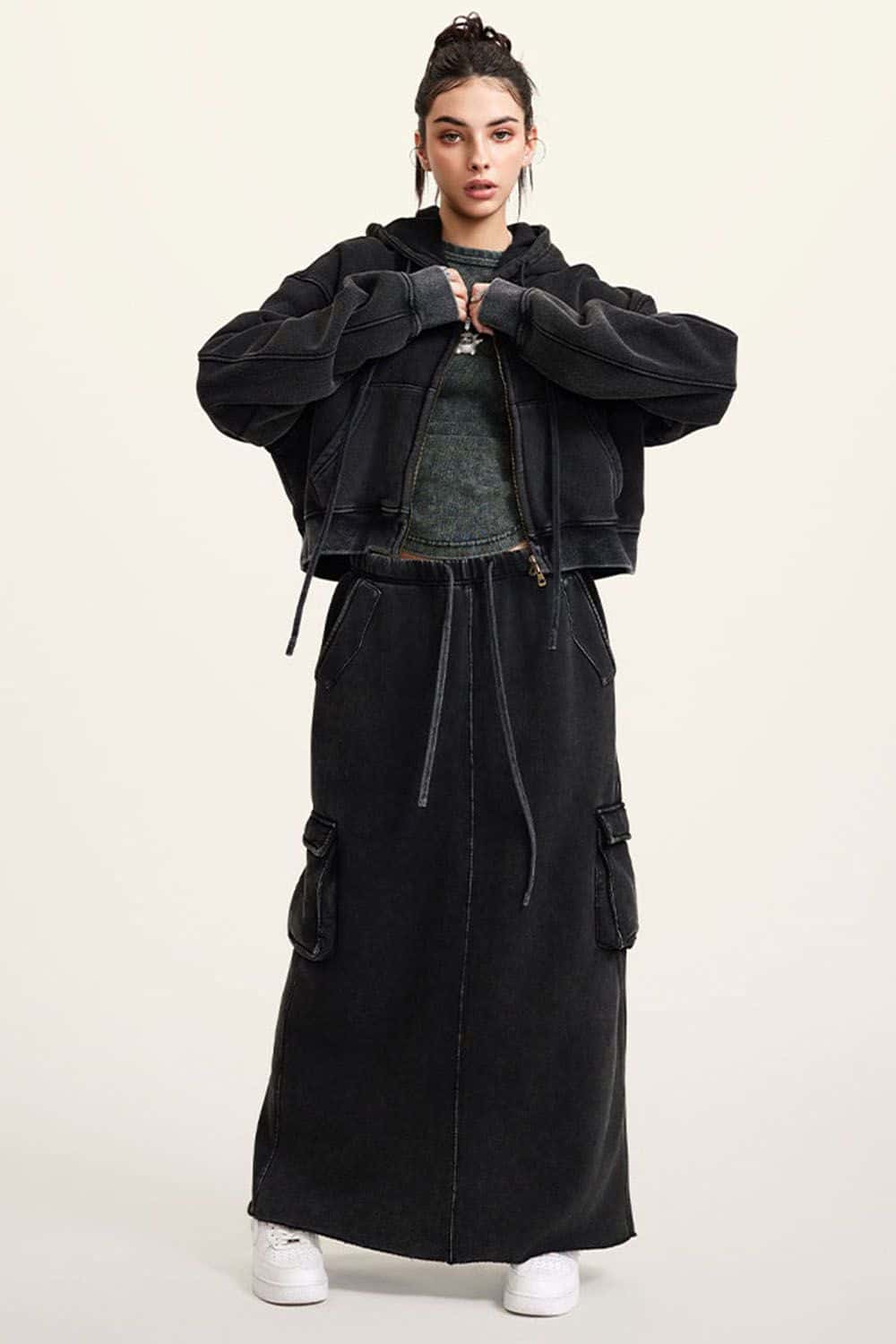 Vintage Washed Zip-Up Hoodie with Fleece Lining - Short Cropped Cardigan