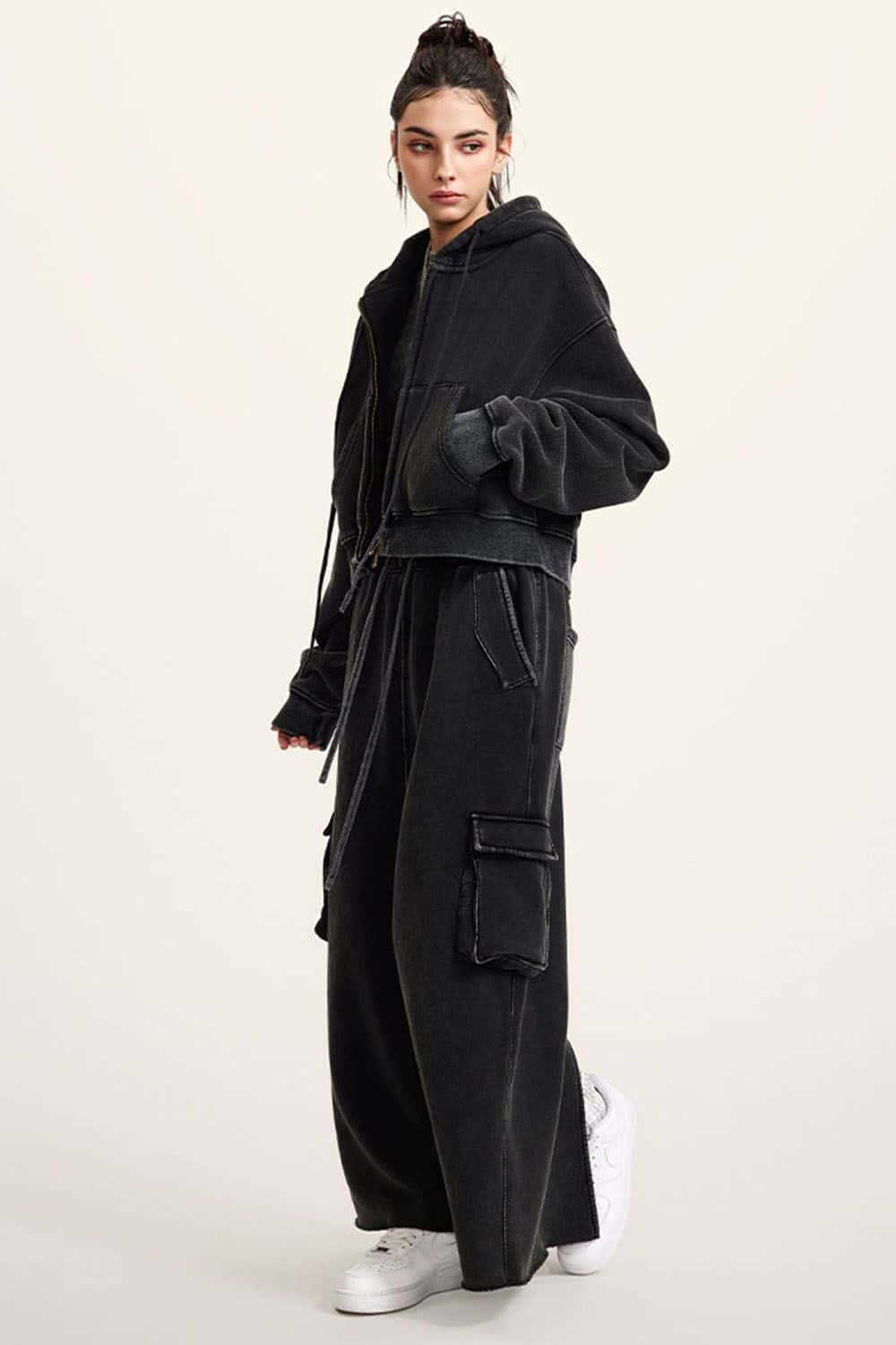 Vintage Washed Zip-Up Hoodie with Fleece Lining - Short Cropped Cardigan