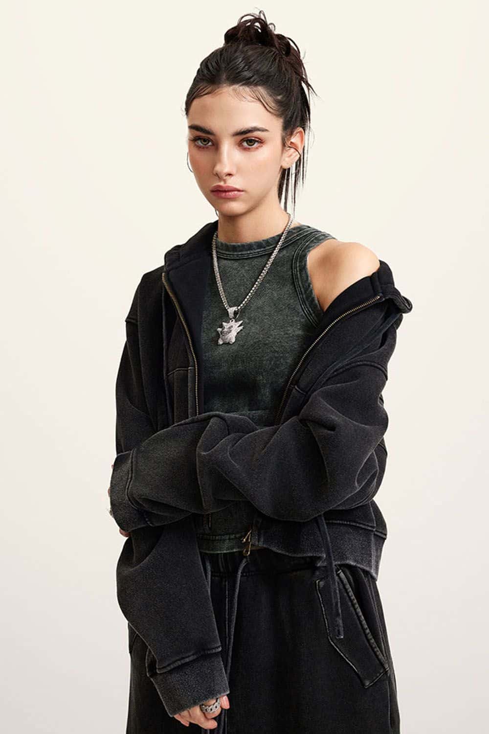 Vintage Washed Zip-Up Hoodie with Fleece Lining - Short Cropped Cardigan