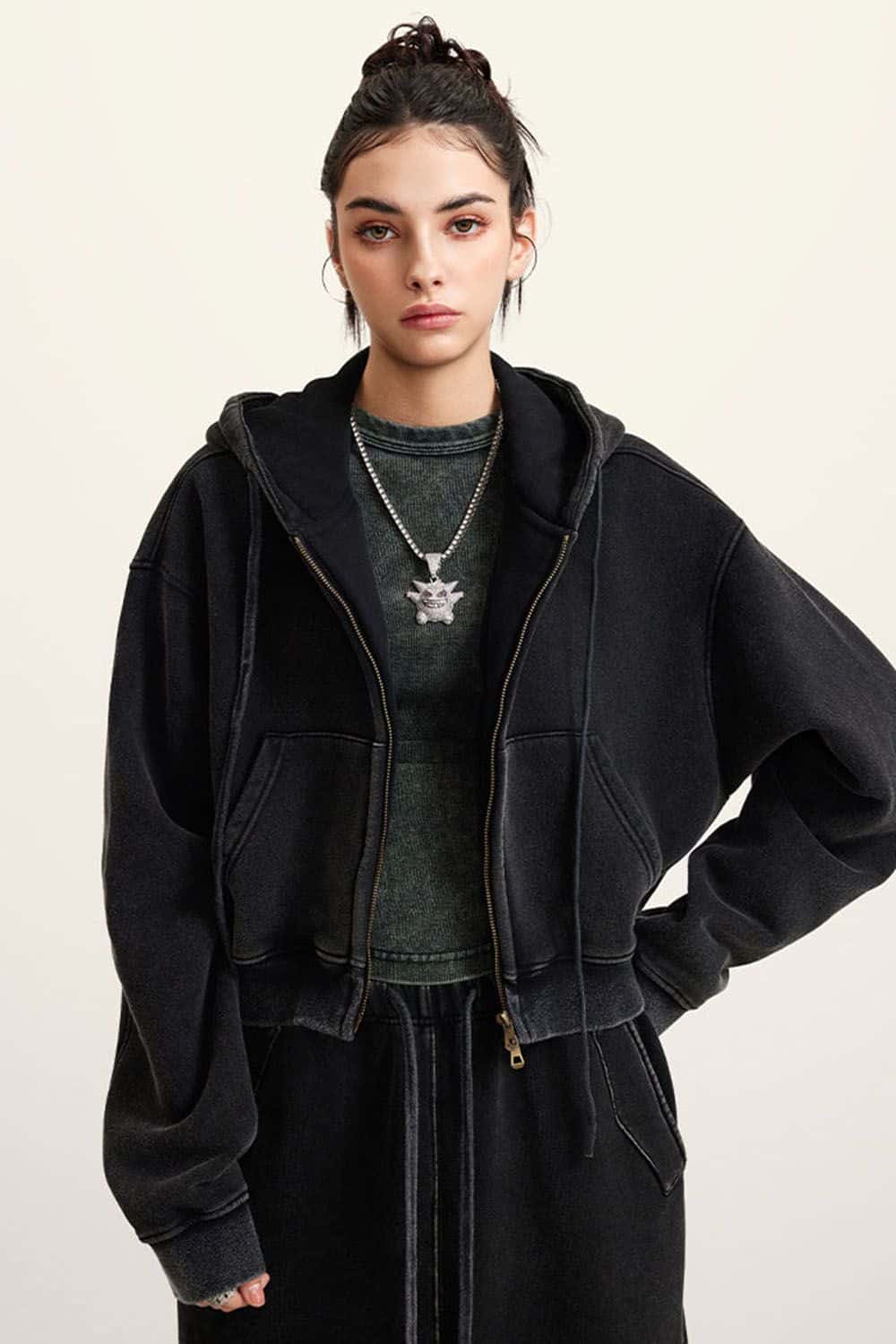 Vintage Washed Zip-Up Hoodie with Fleece Lining - Short Cropped Cardigan