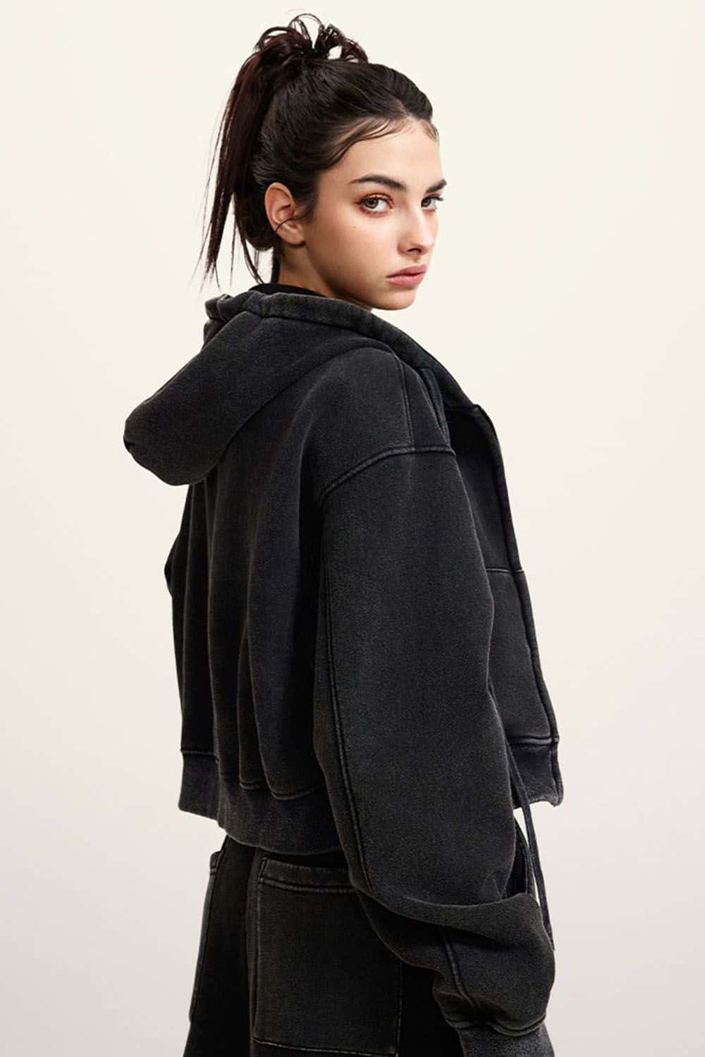 Vintage Washed Zip-Up Hoodie with Fleece Lining - Short Cropped Cardigan