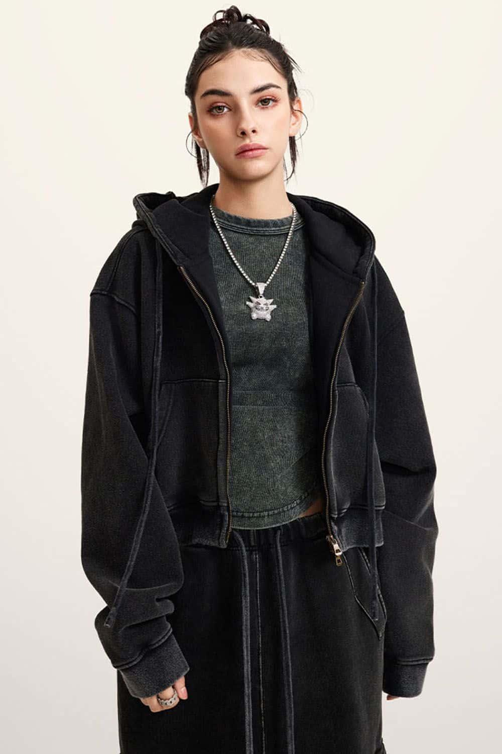 Vintage Washed Zip-Up Hoodie with Fleece Lining - Short Cropped Cardigan