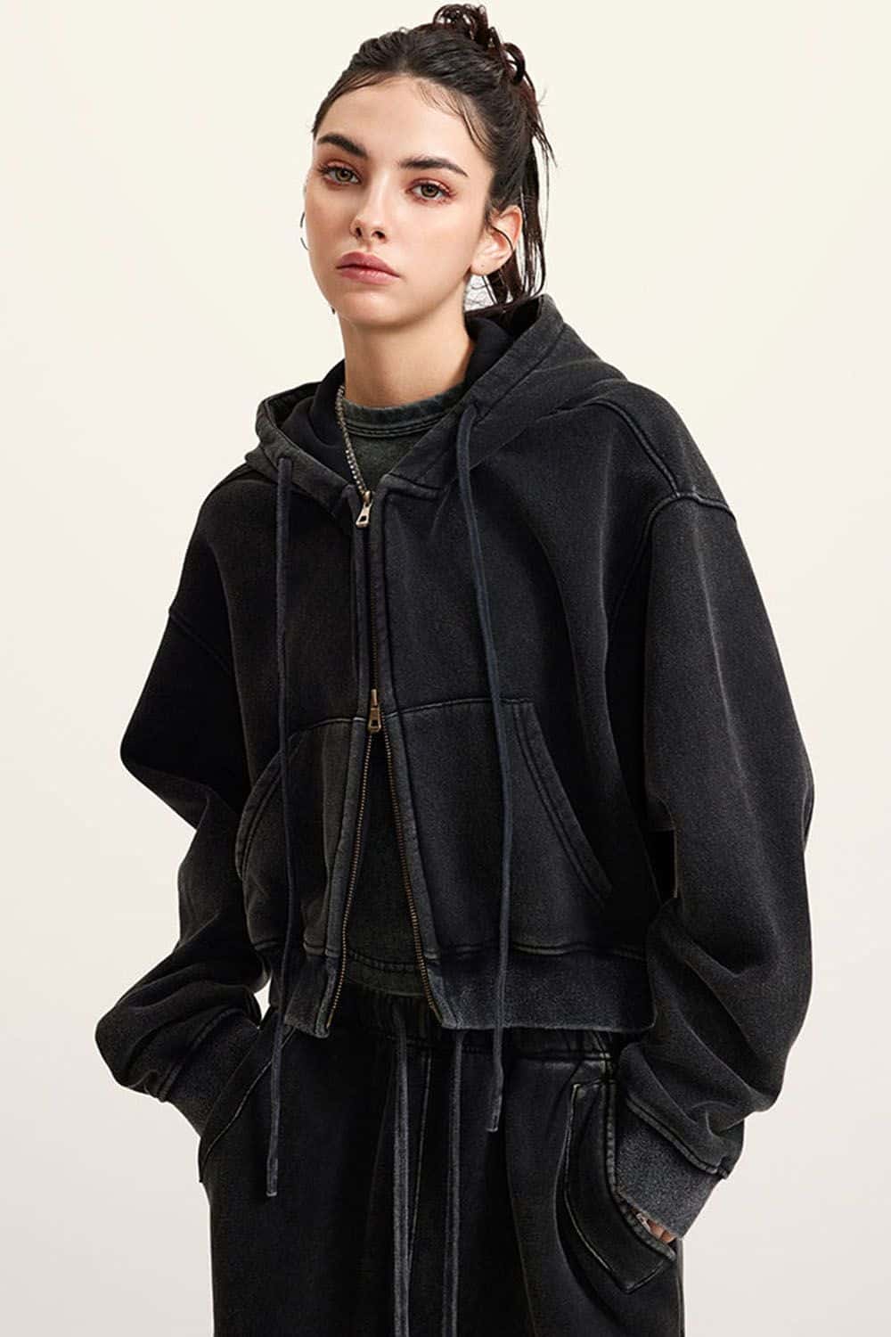 Vintage Washed Zip-Up Hoodie with Fleece Lining - Short Cropped Cardigan