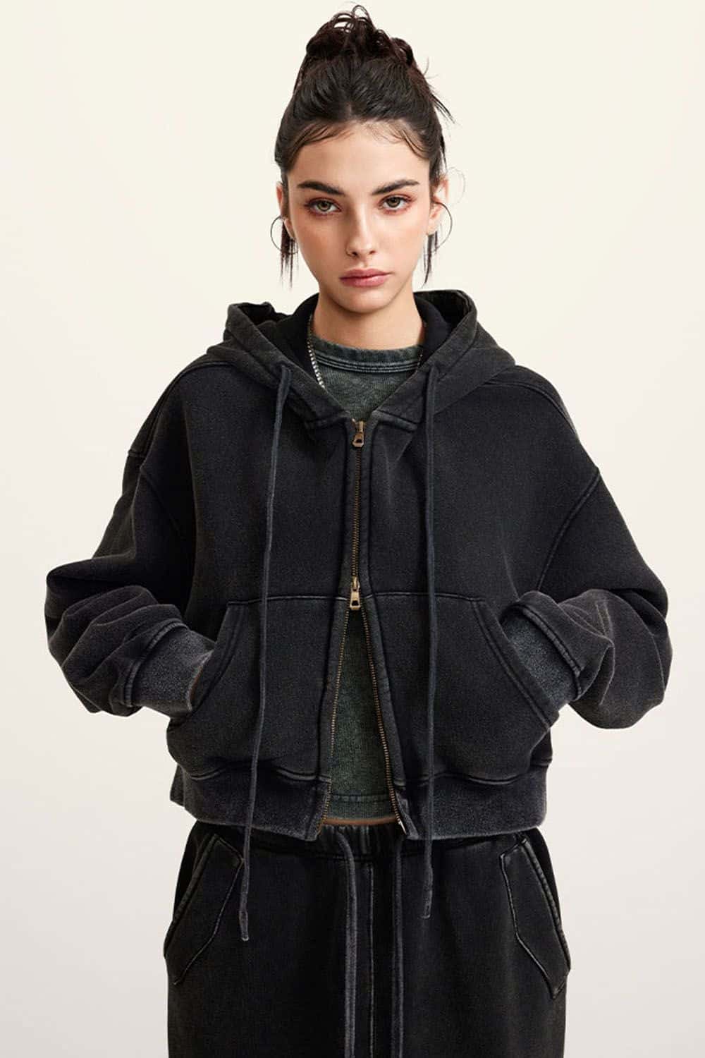 Vintage Washed Zip-Up Hoodie with Fleece Lining - Short Cropped Cardigan