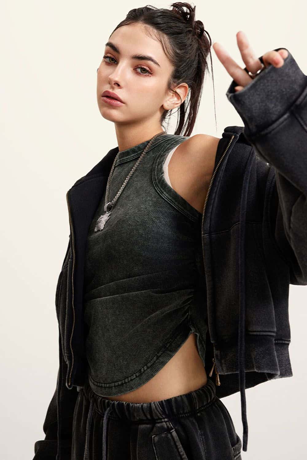 Vintage Washed Zip-Up Hoodie with Fleece Lining - Short Cropped Cardigan