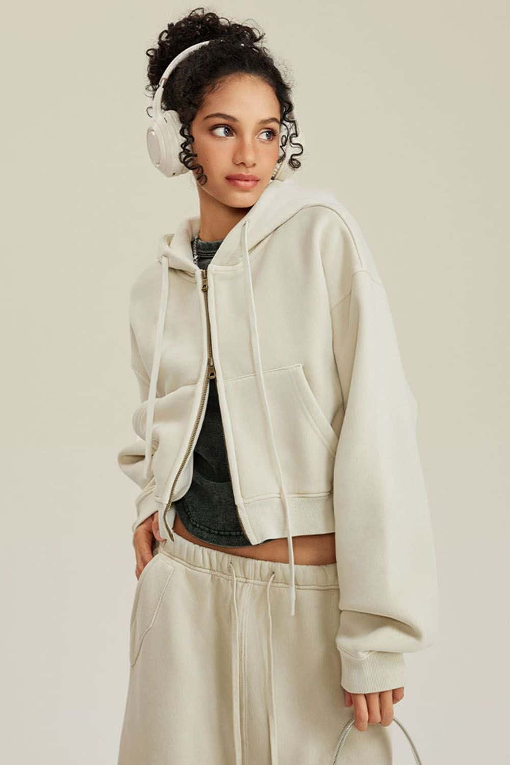 Vintage Washed Zip-Up Hoodie with Fleece Lining - Short Cropped Cardigan