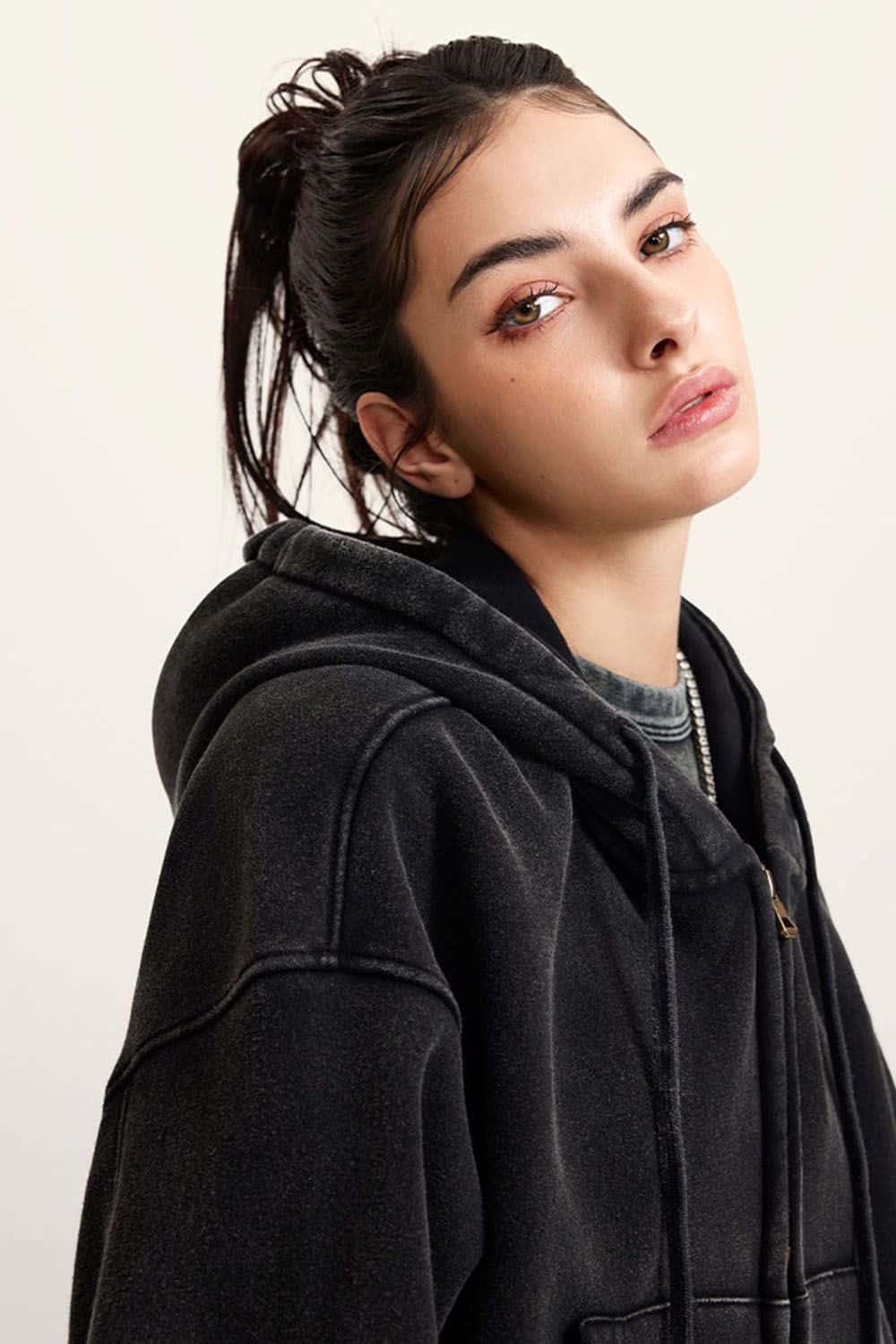 Vintage Washed Zip-Up Hoodie with Fleece Lining - Short Cropped Cardigan