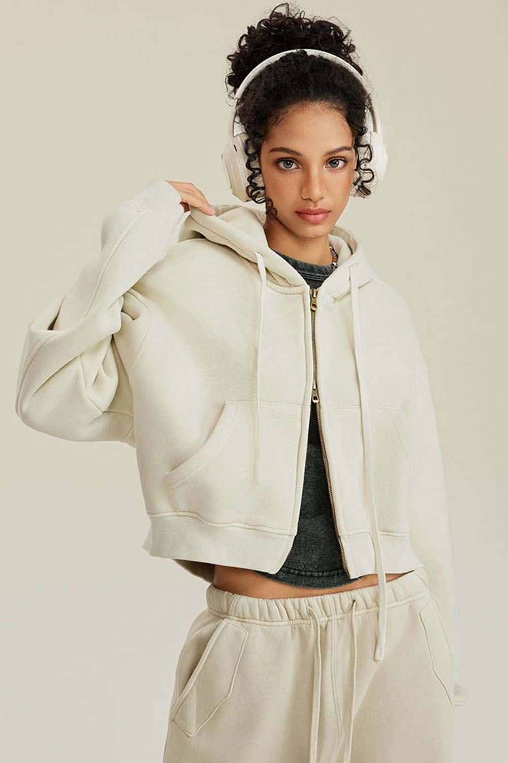 Vintage Washed Zip-Up Hoodie with Fleece Lining - Short Cropped Cardigan