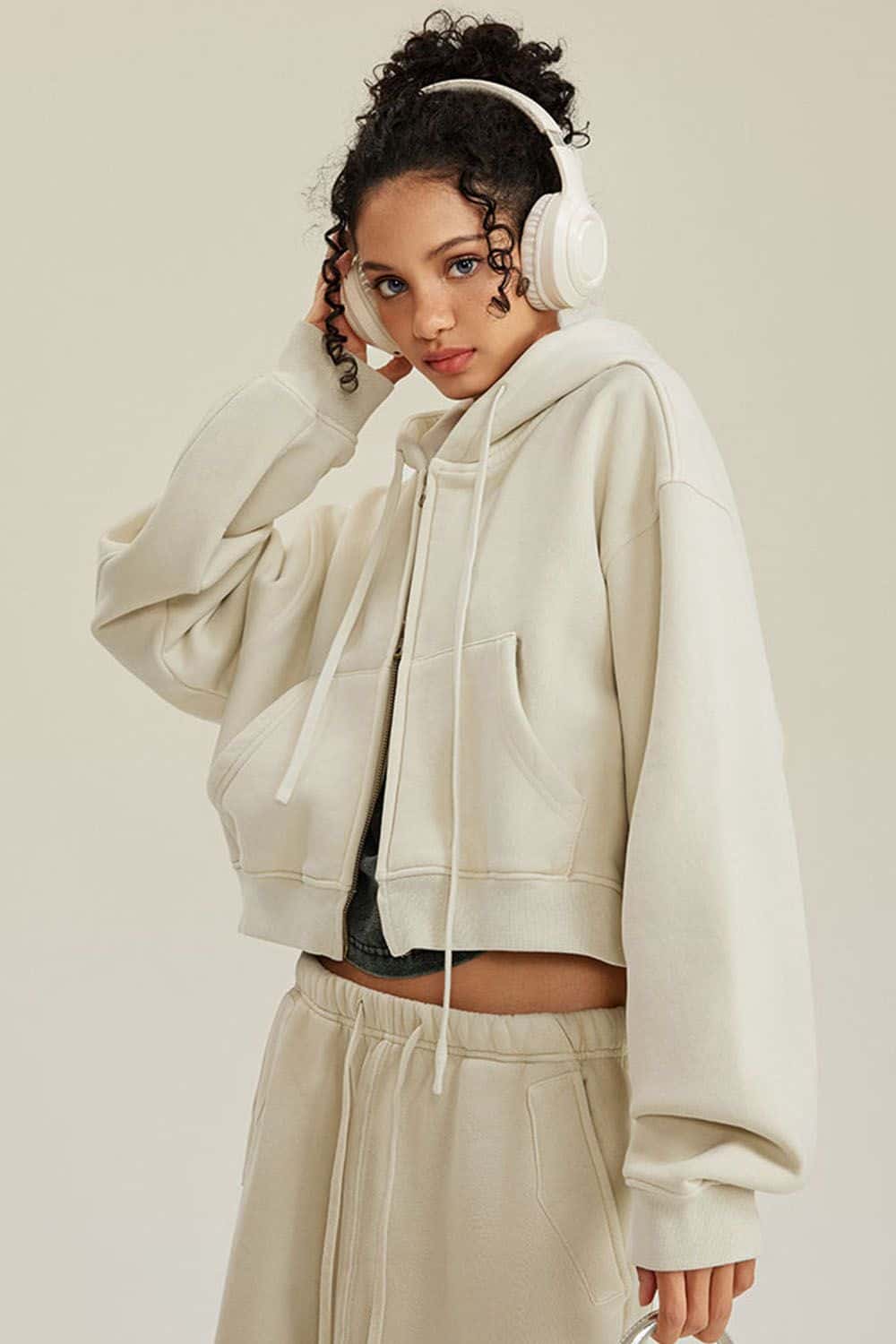 Vintage Washed Zip-Up Hoodie with Fleece Lining - Short Cropped Cardigan