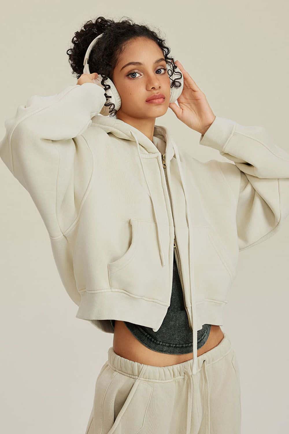 Vintage Washed Zip-Up Hoodie with Fleece Lining - Short Cropped Cardigan