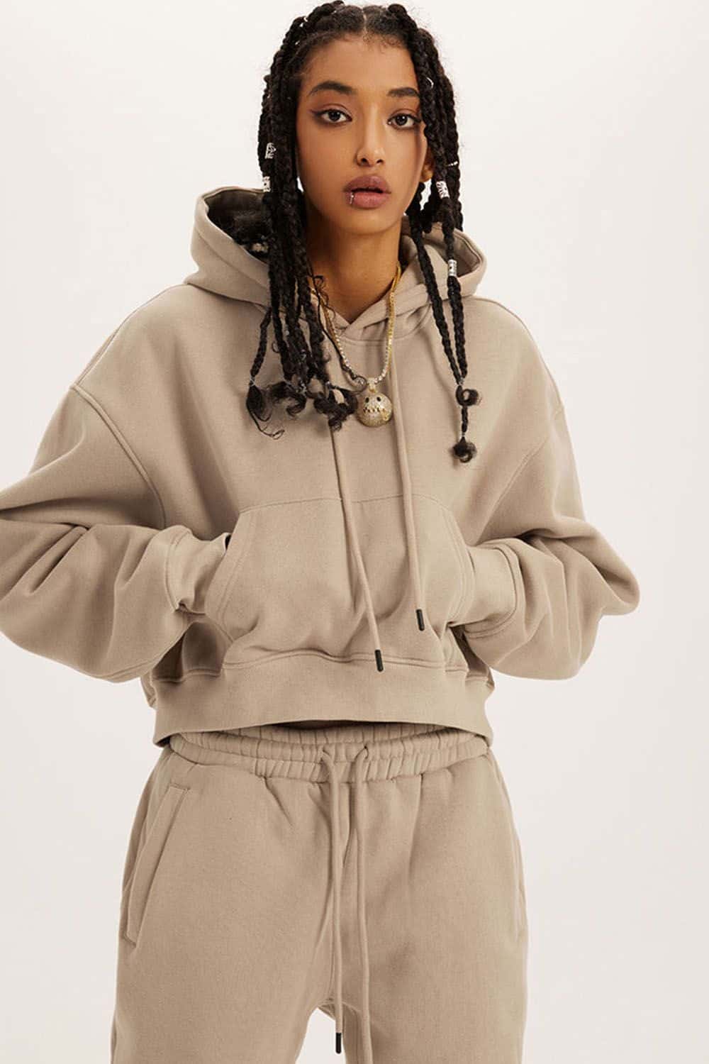 Retro Hooded Pullover Sweatshirt - Fleece-Lined Cropped Hoodie