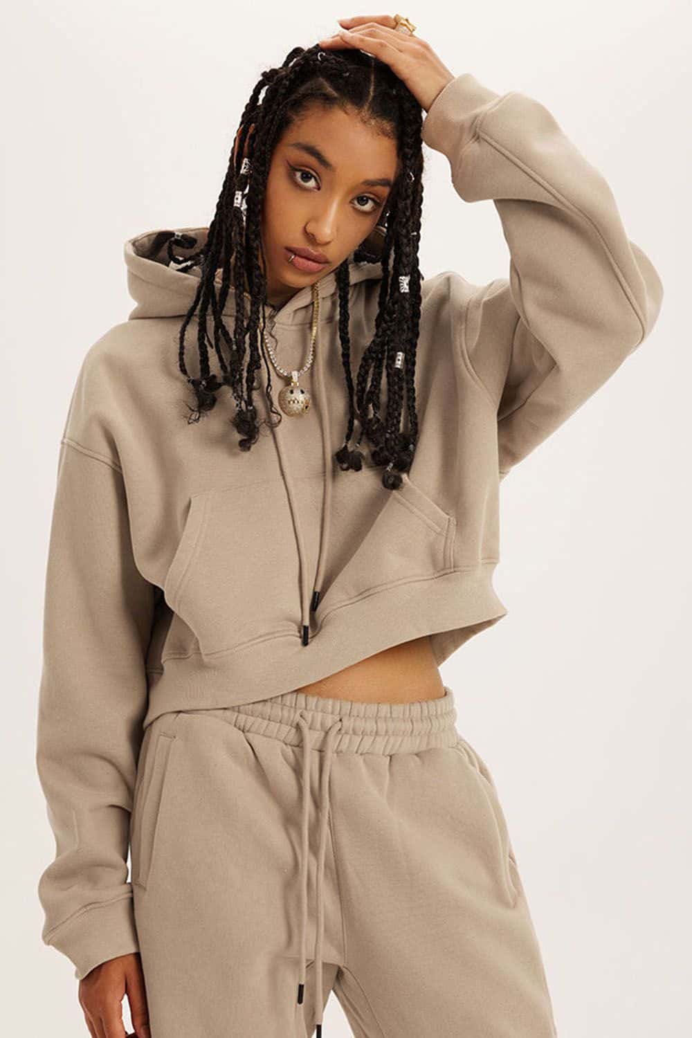 Retro Hooded Pullover Sweatshirt - Fleece-Lined Cropped Hoodie